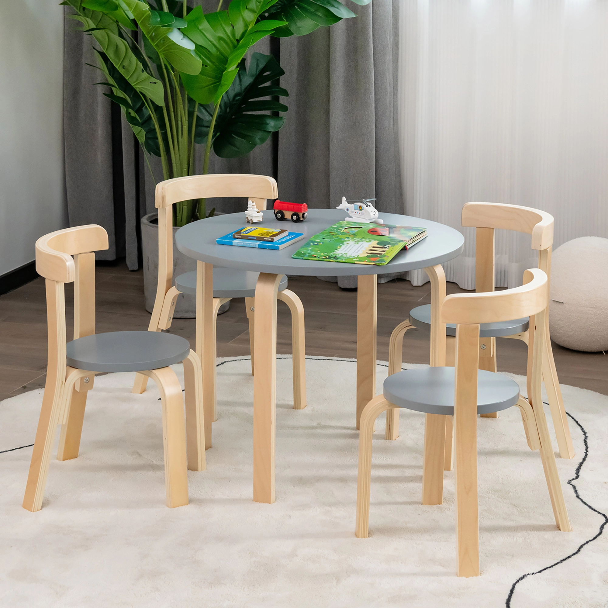 SUGIFT Gray Curved Back Chairs and Toy Bricks 5 Piece Kids Table and Chair Set