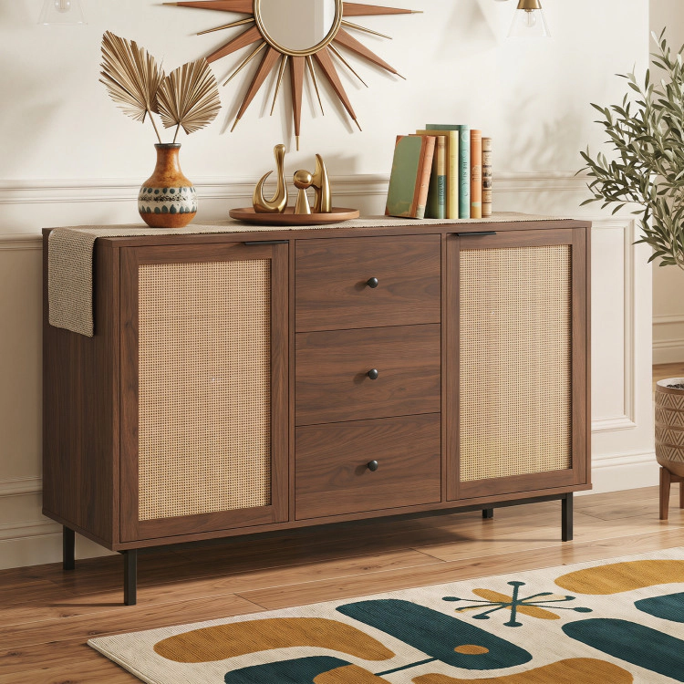 Hivvago Sideboard Buffet Cabinet Rustic Farmhouse Coffee Bar Table With 2 Rattan Doors And 3 Drawers