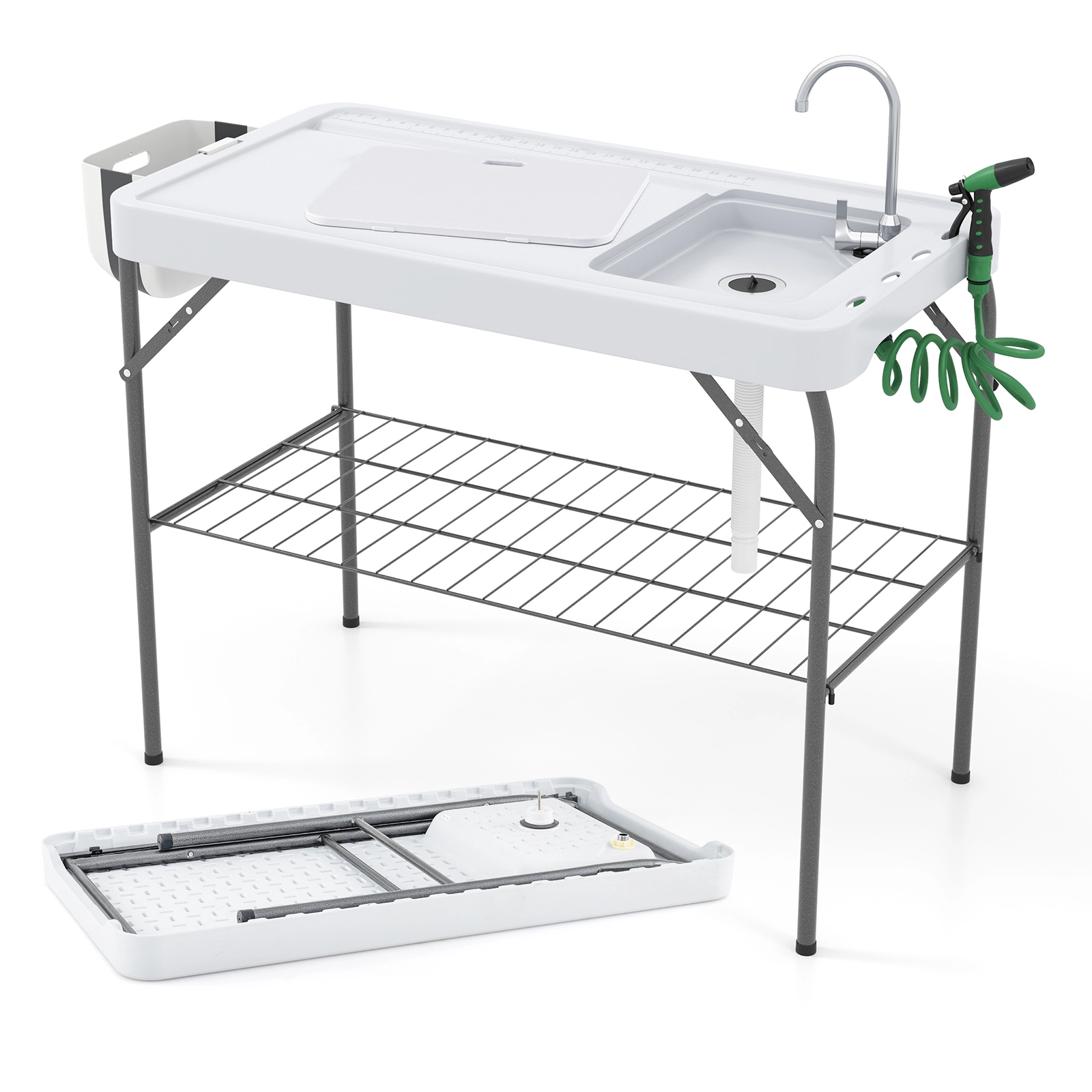 LJG 2 in 1 Folding Fish Cleaning Table with Sink and Faucet for Patio BBQ