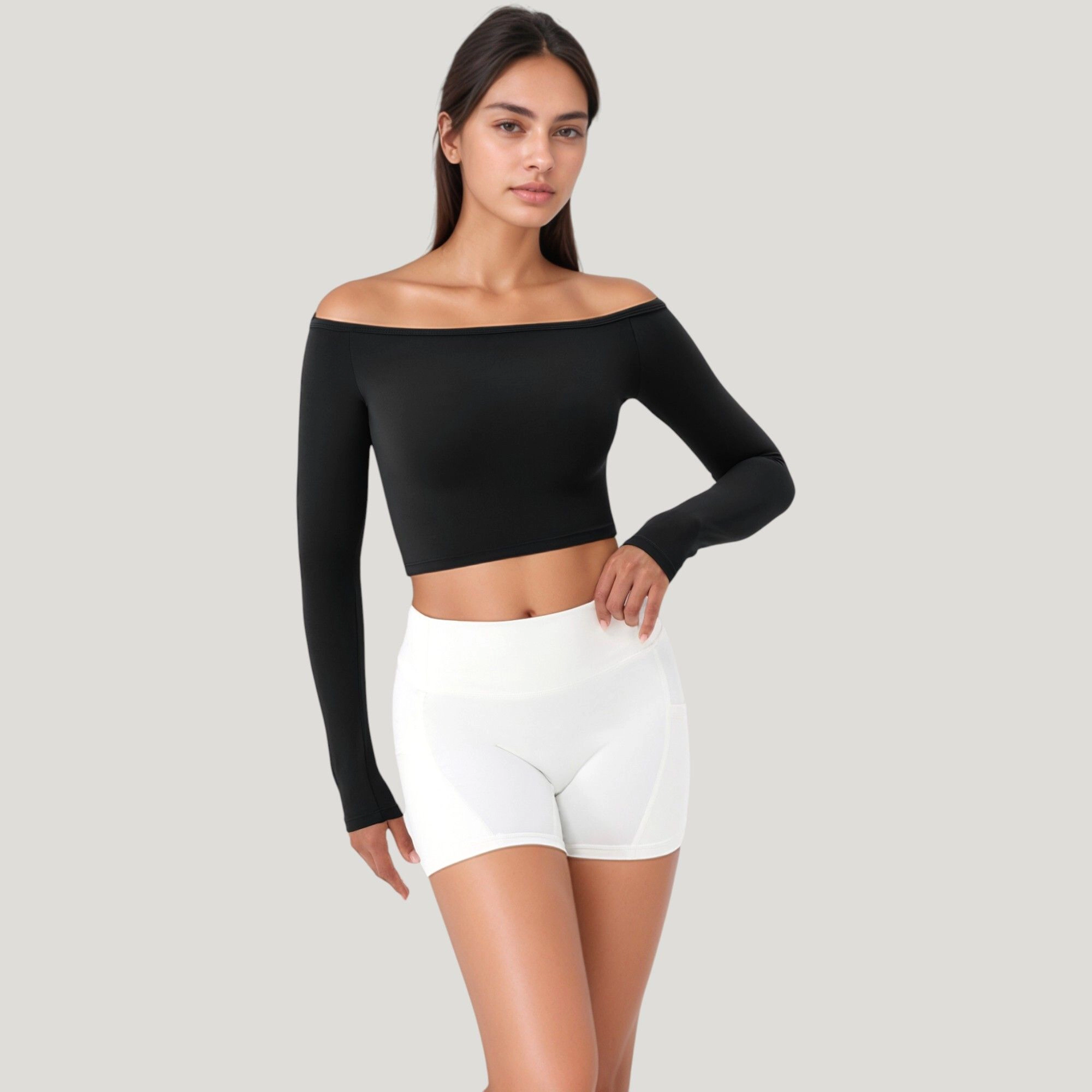 Anna-Kaci Women's Off Shoulder Long Sleeve Activewear Crop Top with Streamlined Fit and Lightweight Stretch Fabric