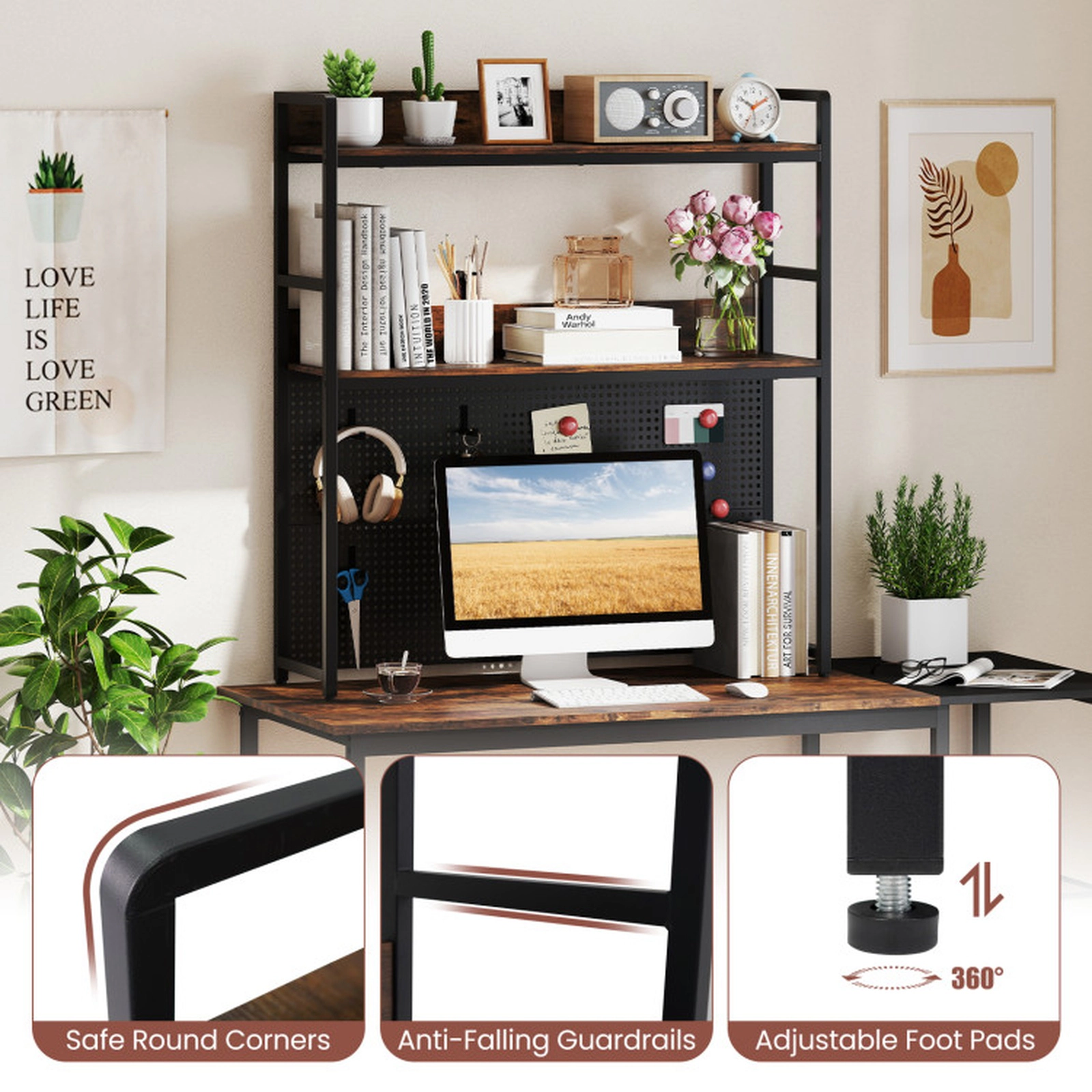 SUGIFT 2-Tier Desktop Bookshelf with Pegboard 55-lb Per Tier Capacity for up to 32-in Monitor Rustic Brown & Black