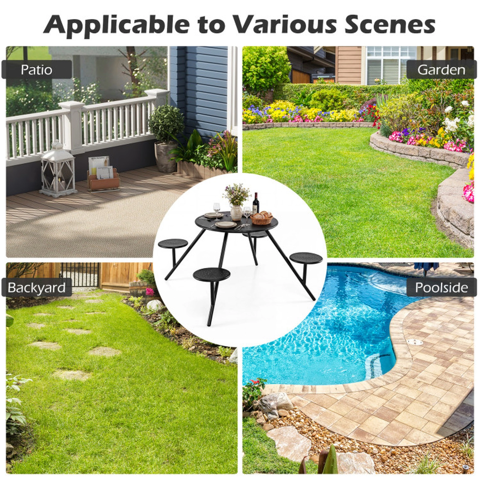 SUGIFT Round Galvanized Iron Picnic Table for 4 with 31.5-in Top 180-lb Table 330-lb Seats Umbrella Hole Black