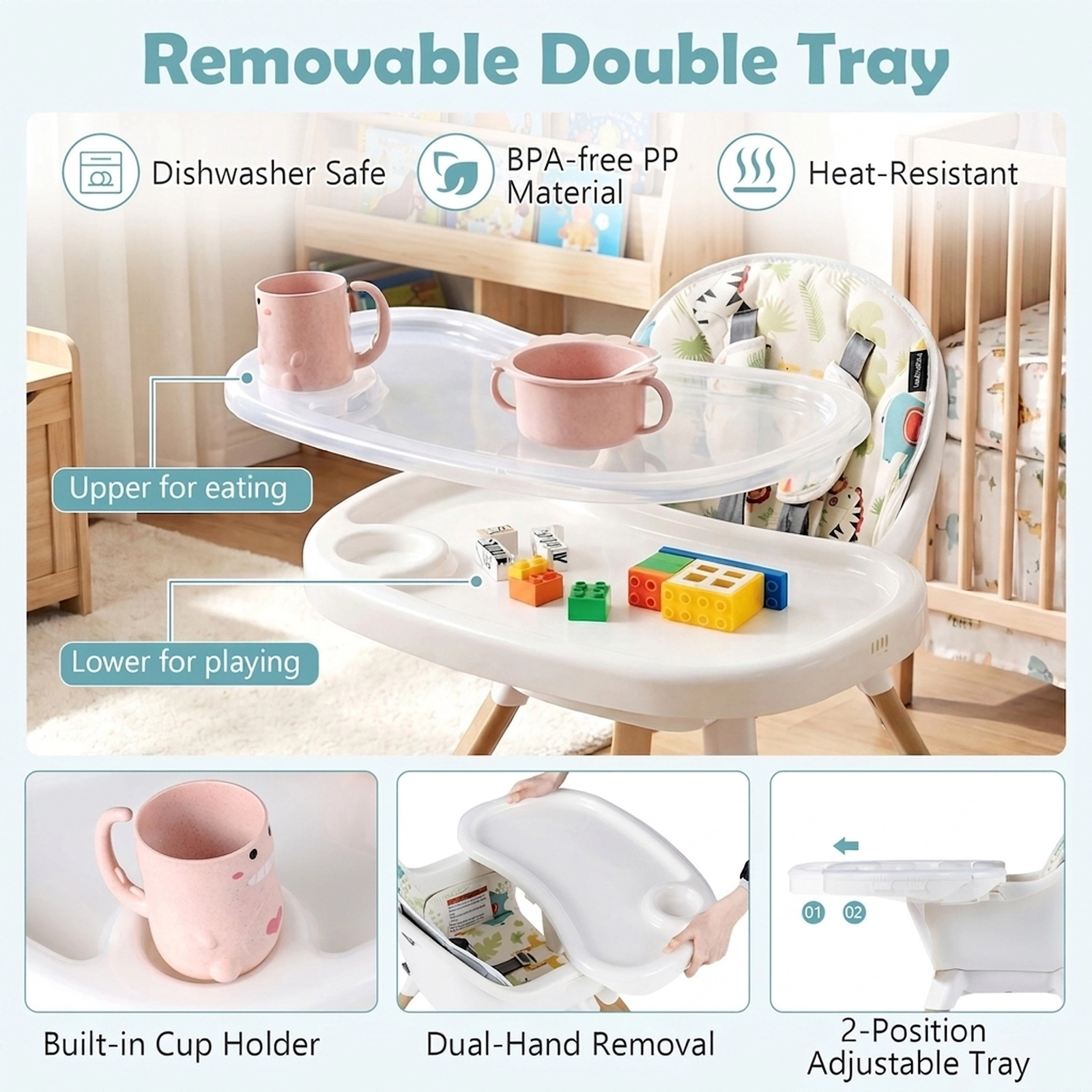 4-in-1 Convertible Infant High Chair Heat-Resistant Tray Built-In Cup Holder Under-Seat Storage Basket 6 to 36 Months
