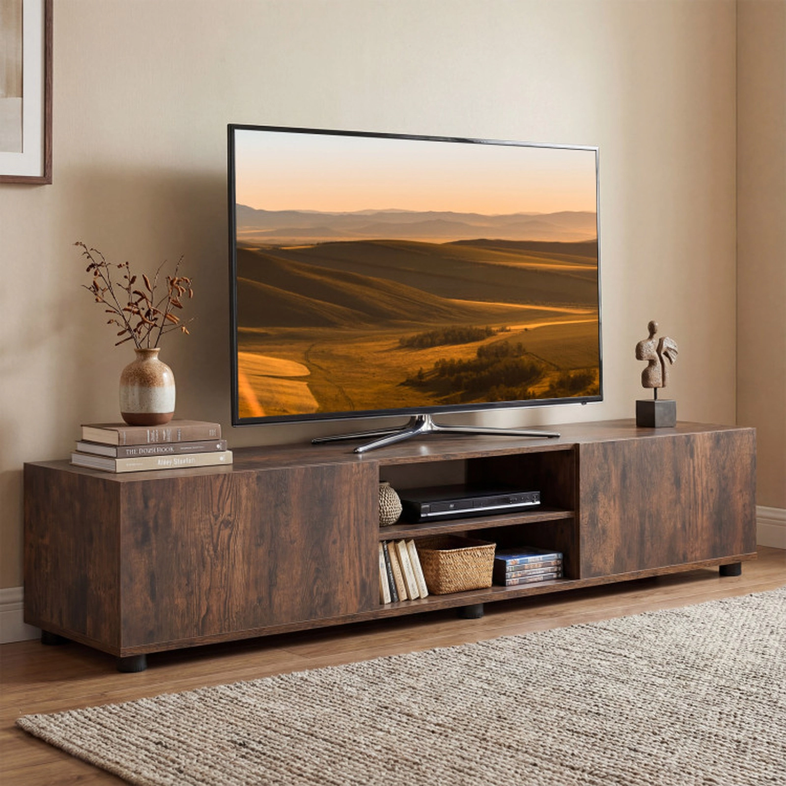 SUGIFT Modern TV Stand for up to 70 in TVs Minimalist Entertainment Center 155-lb Tabletop Capacity with 2 Doors & Open