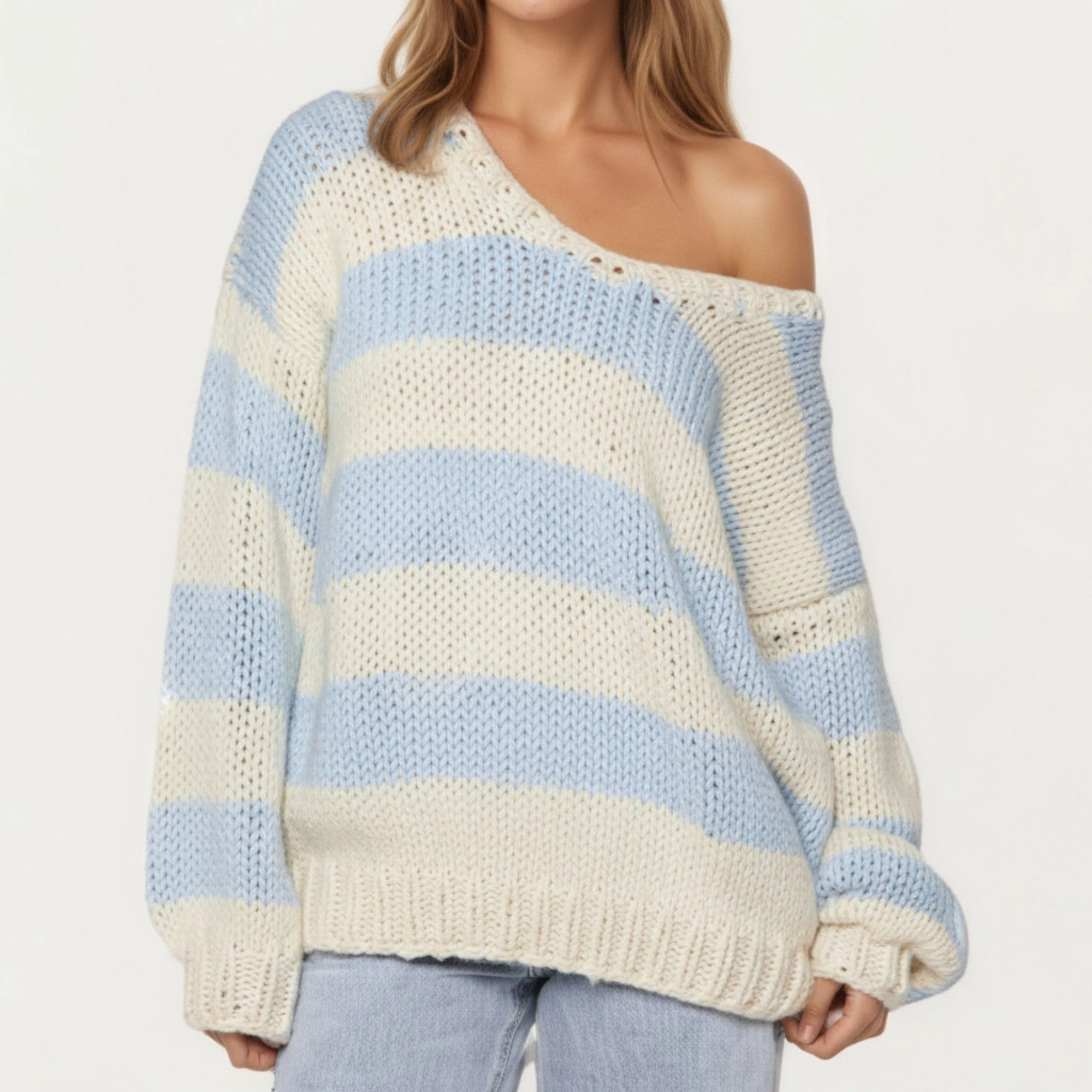Anna-Kaci Women's Oversized Striped Knit Sweater with Soft Chunky Texture Slouchy Off-Shoulder Fit
