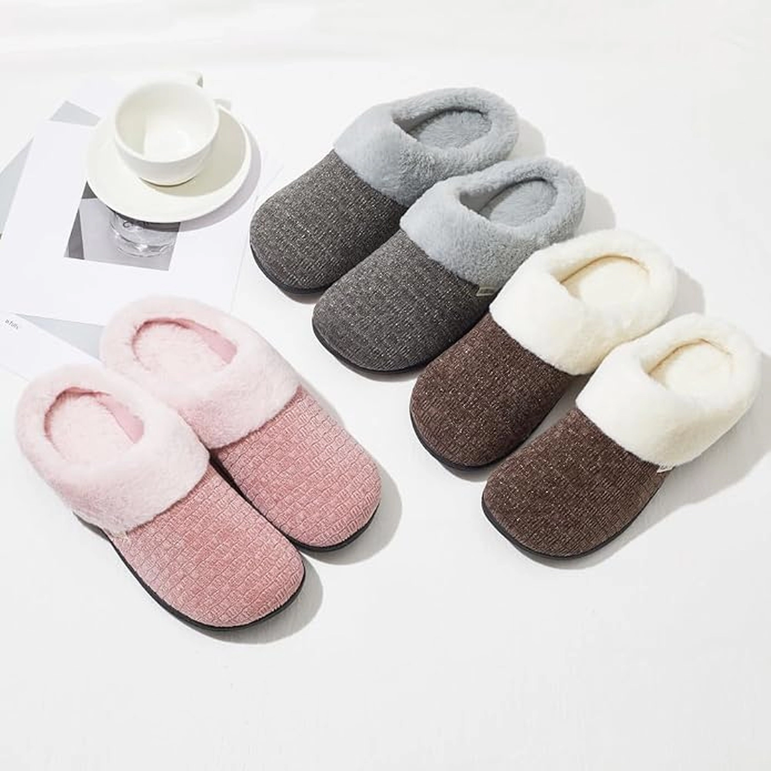 Women’s Woven Knit Fleece Clog Slippers, Cozy Faux Fur Lined