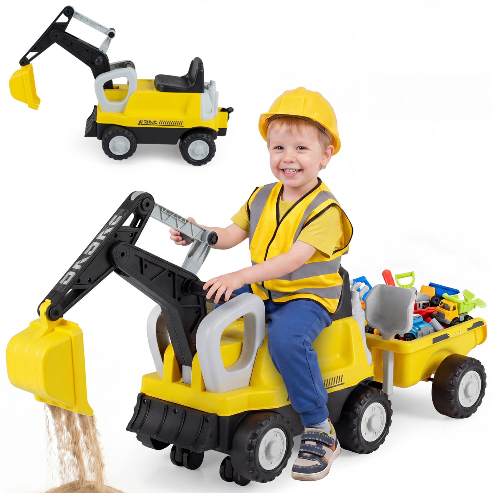 SUGIFT 2-in-1 Kids Ride-On Tractor and Car with Digging Arm and Detachable Trailer 55-lb Capacity Ages 3+ Green/Yellow
