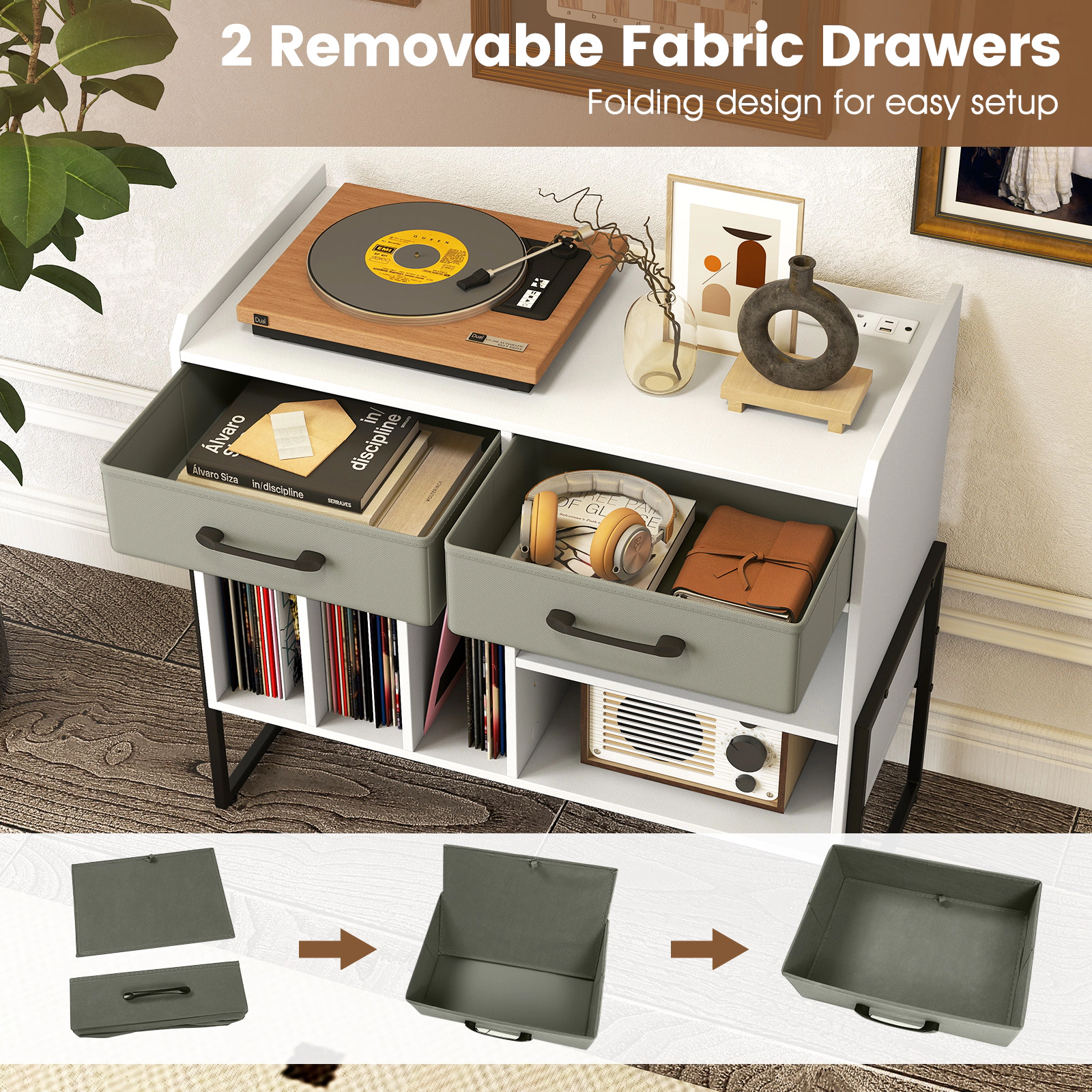 Glintex Large Record Player Stand with 2 Fabric Drawers and 209-Lb Capacity