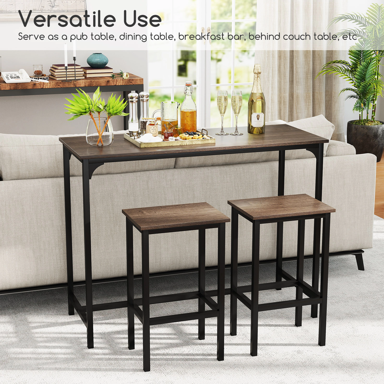 SUGIFT 3 Piece Counter Height Dining Set Gray 47.5 in Table with 2 Bar Stools