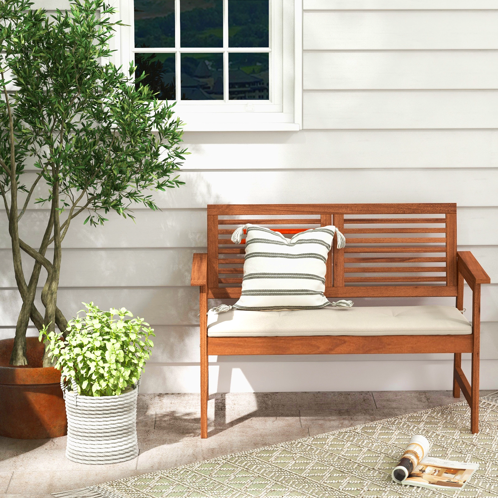 Hivvago 2-Person Solid Wood Patio Bench With Backrest And Cushion