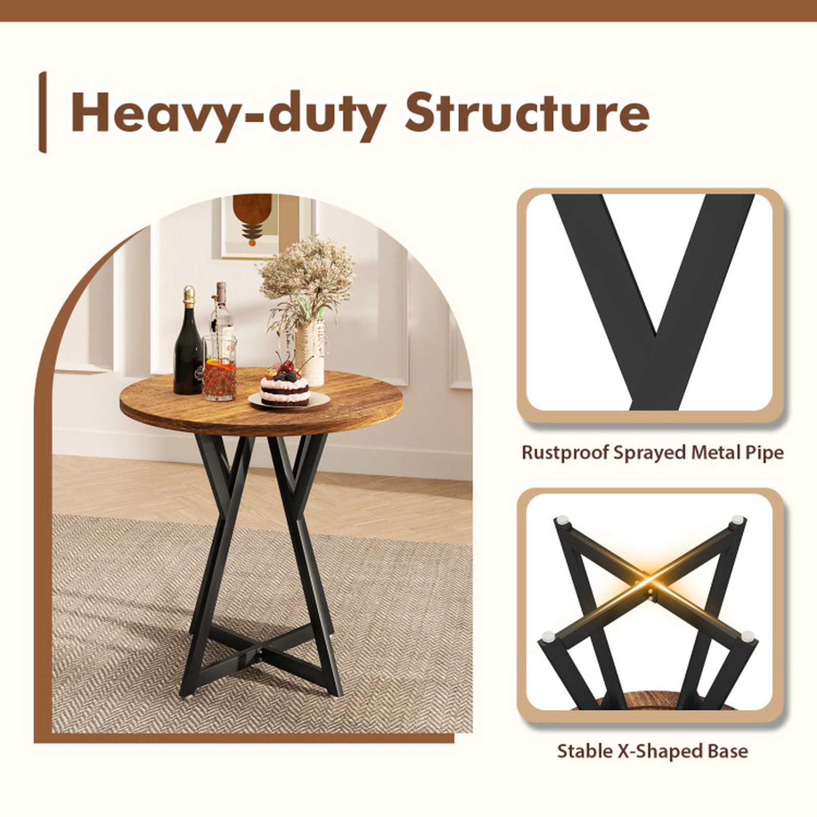 SUGIFT 31.5-in Round Industrial Dining Table Engineered Wood Top Metal Pedestal X-Base 220-lb Capacity Rustic Brown