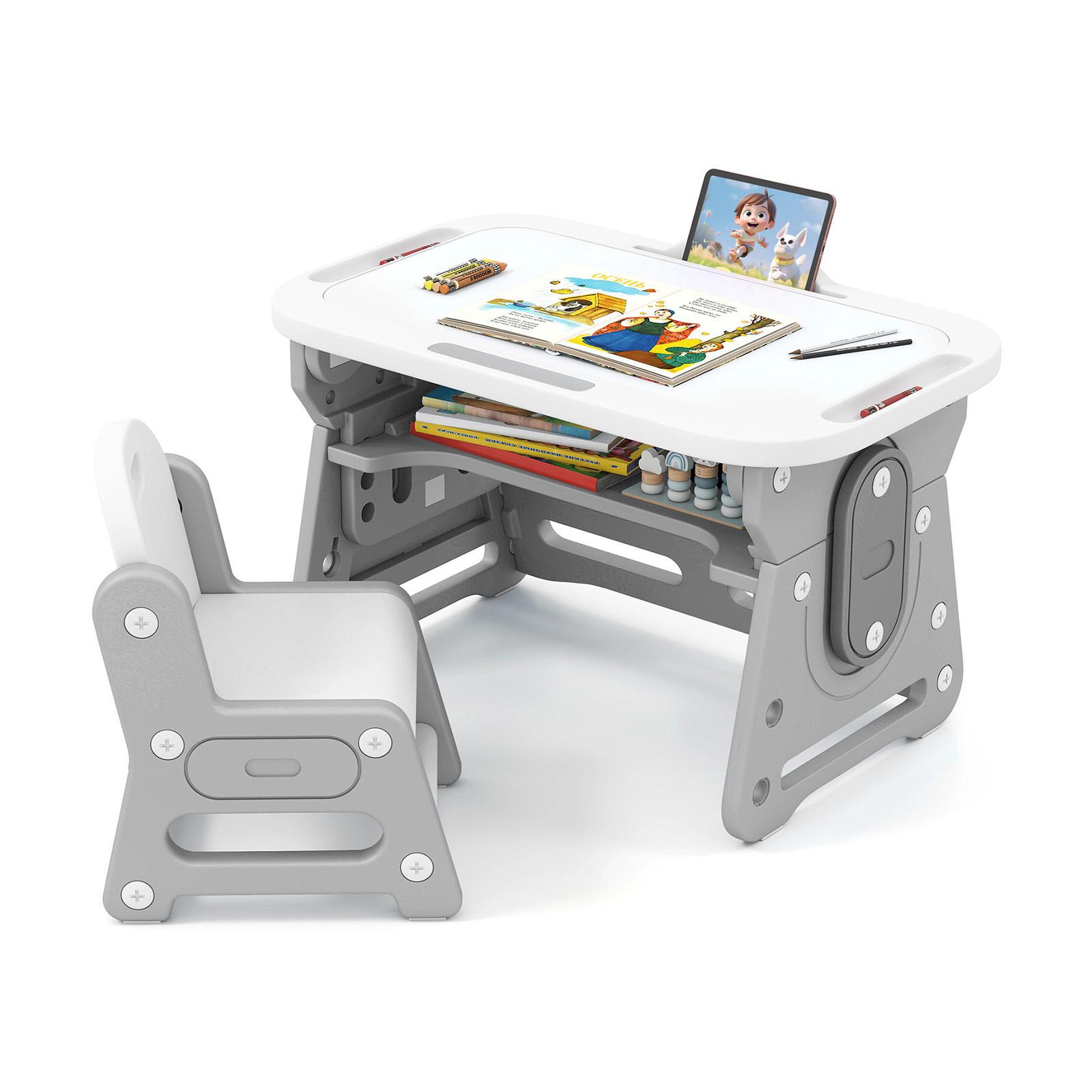 SUGIFT Height Adjustable Kids Table and Chair Set with Tiltable Whiteboard and Concave Shelf 66-lb Tabletop Blue/Gray