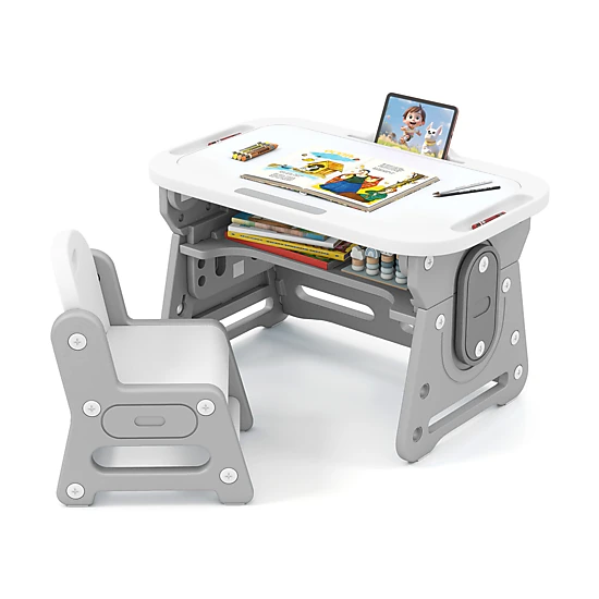 SUGIFT Height Adjustable Kids Table and Chair Set with Tiltable Whiteboard and Concave Shelf 66-lb Tabletop Blue/Gray