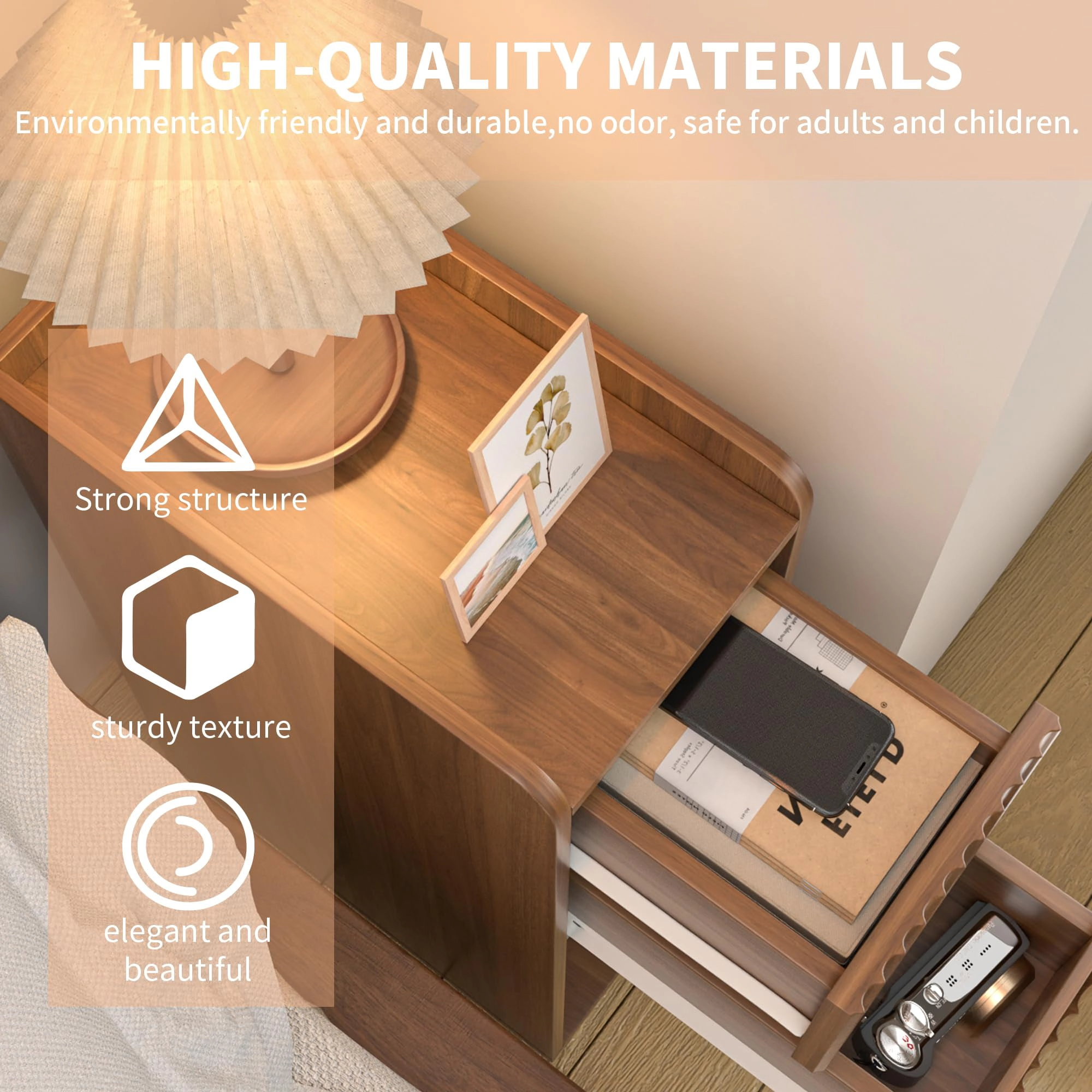 BebreezChic Narrow Nightstand with Charging Station, Slim Bedside Table with Drawer and Open Shelf, Fluted End Table