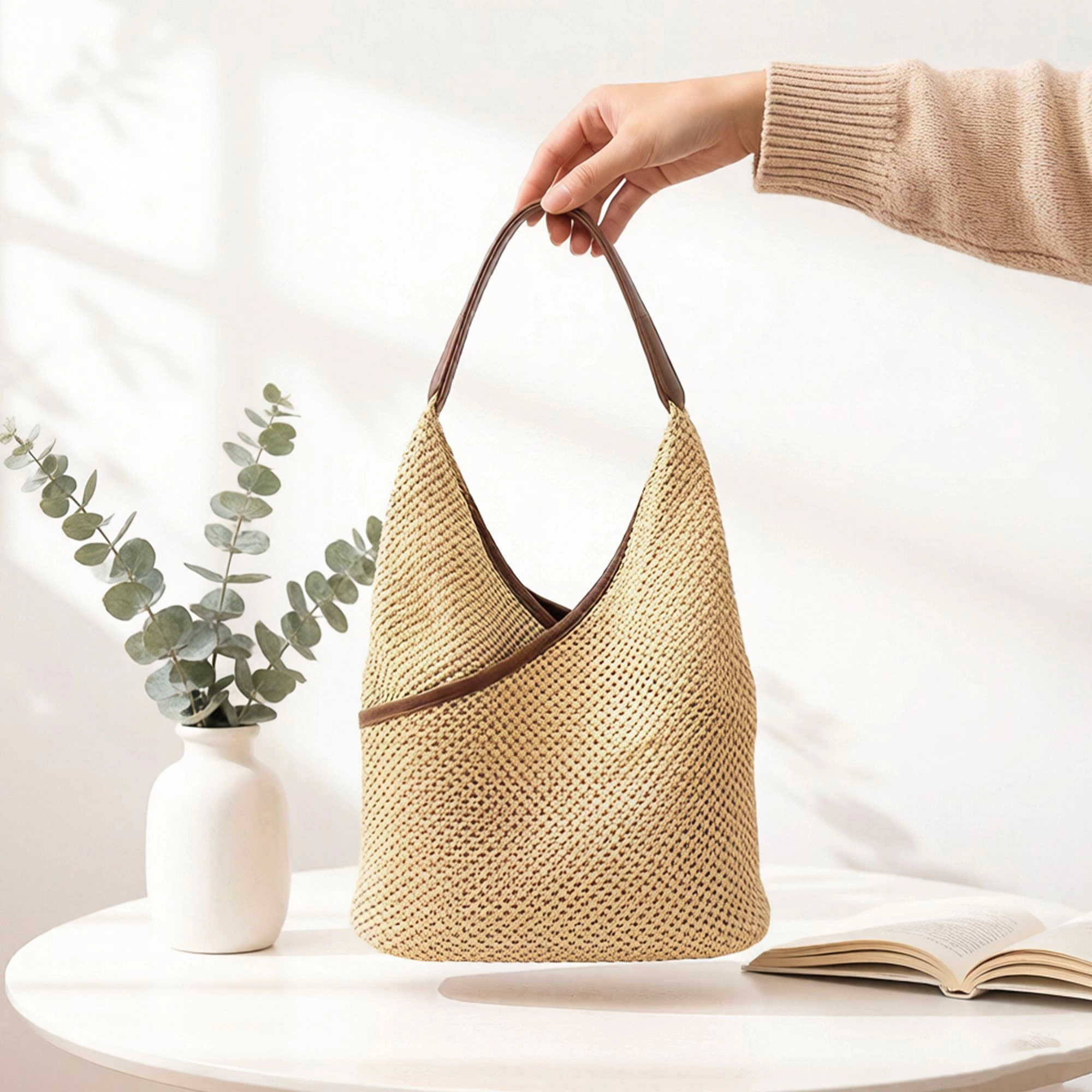 Alilang Women's Woven Shoulder Hobo Bag with Faux Leather Trim Soft Knit Slouchy Handbag Casual Everyday Tote