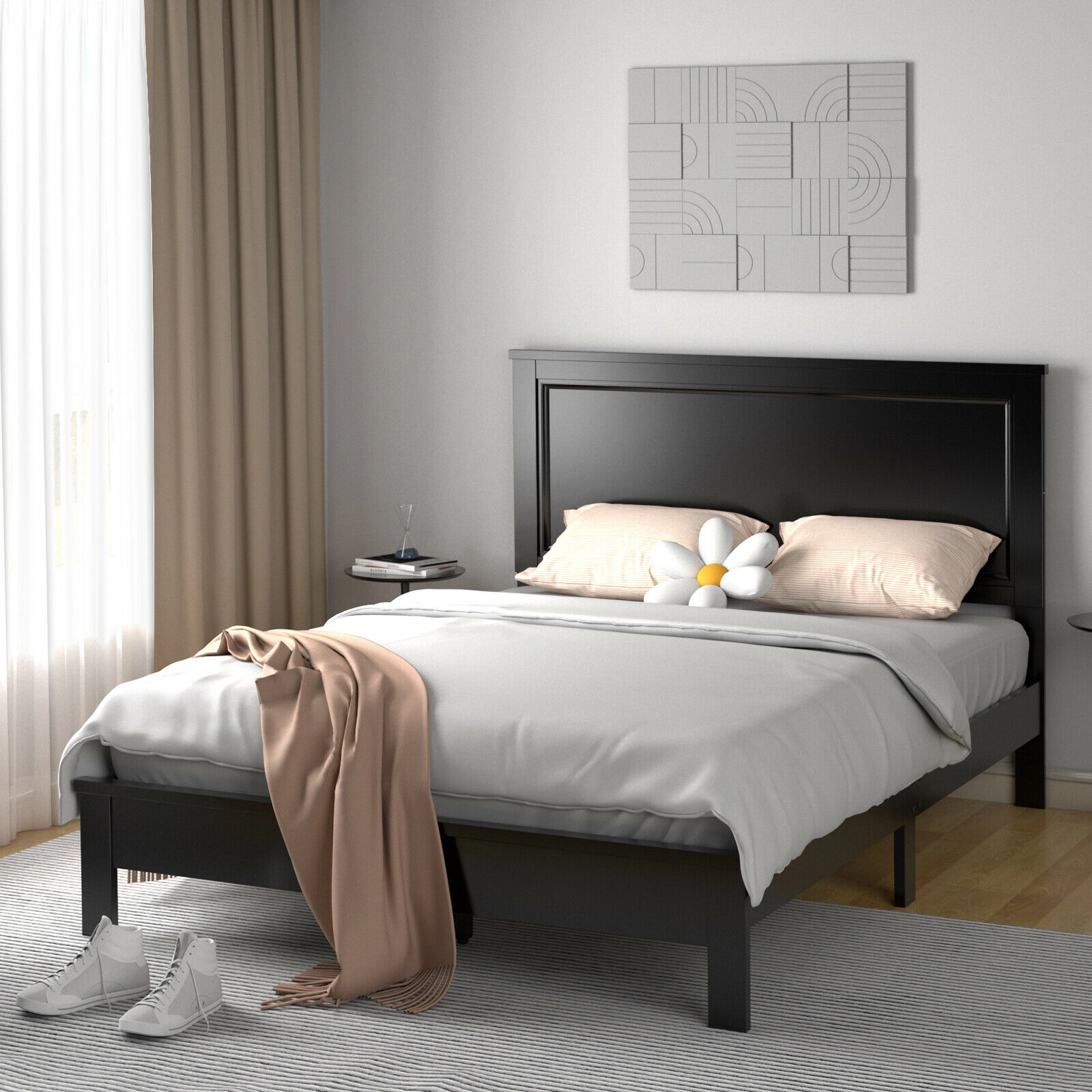 SUGIFT High Slat Panel Headboard and Rubber Wood Legs Queen Size Platform Bed Frame