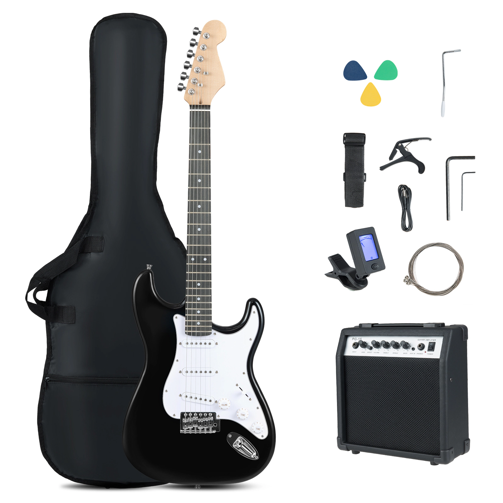 SUGIFT Black 39-in Full Size Electric Guitar Beginner Kit with 15W Amplifier Gig Bag and Digital Tuner