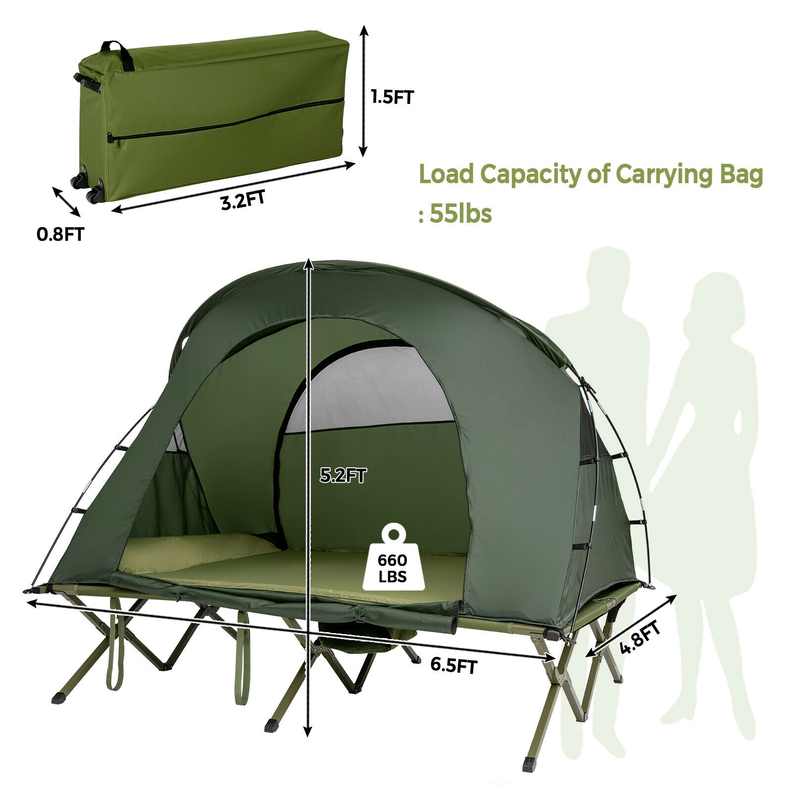 SUGIFT 2-Person Green Elevated Camping Tent Cot with External Cover 6.5-ft W 4.8-ft D 5.2-ft H 660-lb Cot Capacity