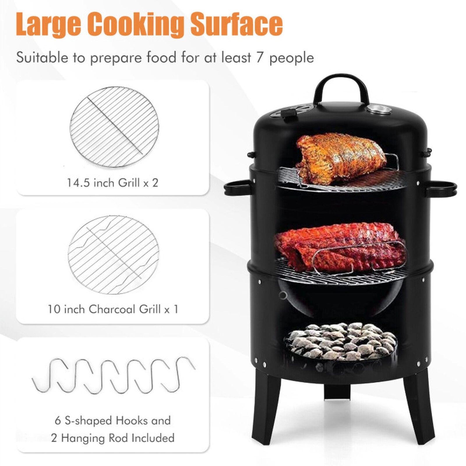 SUGIFT 3-in-1 Vertical Charcoal BBQ Grill Smoker and Fire Pit with Built-in Thermometer Black