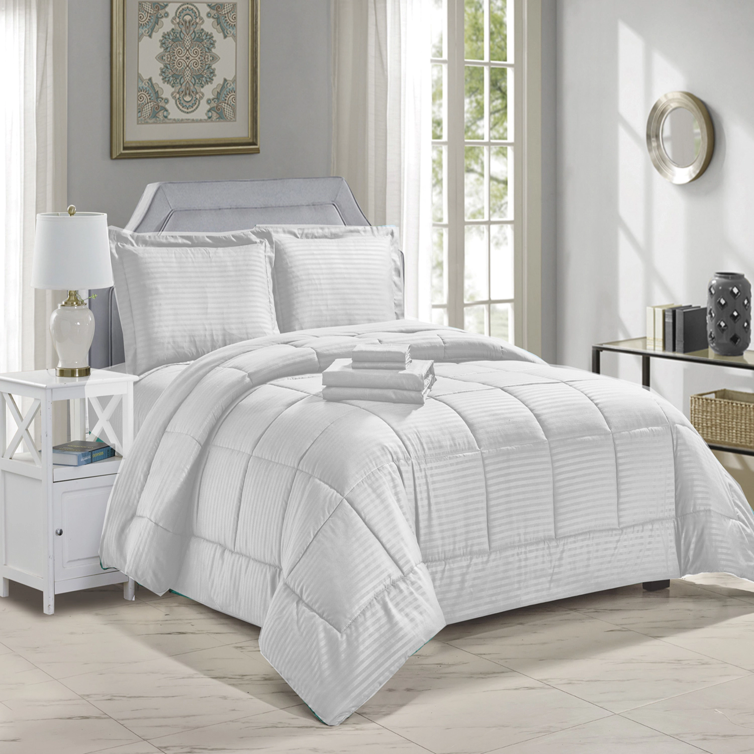 Plazatex 8 PC Embossed Dobby Stripe Comforter Bed in a Bag Set with Sheets & Pillowcases King White