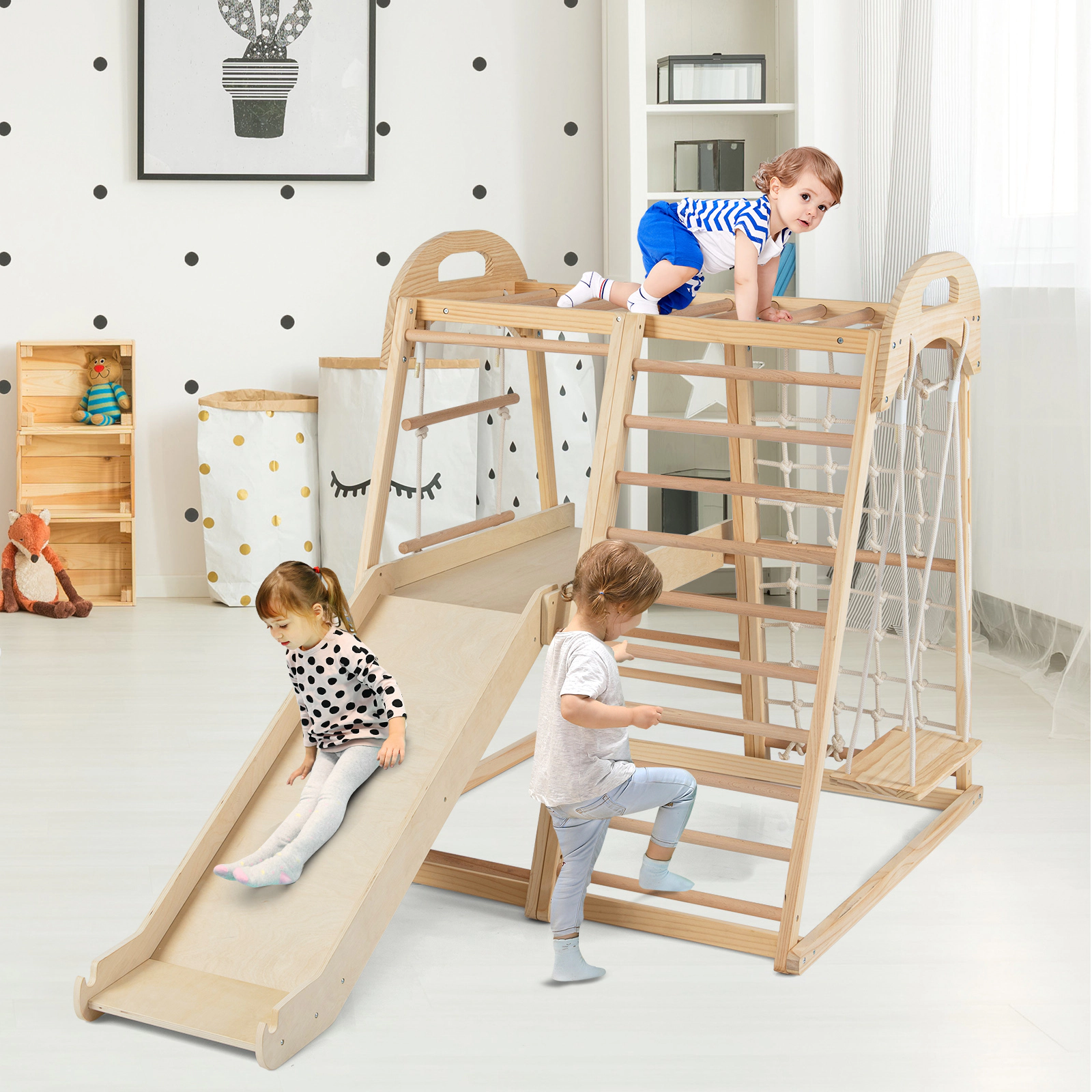 8-in-1 Wooden Montessori Climber Playset Slide Monkey Bars Swing Rope Net Two Ladders 110-lb Capacity Ages 3-5 Natural