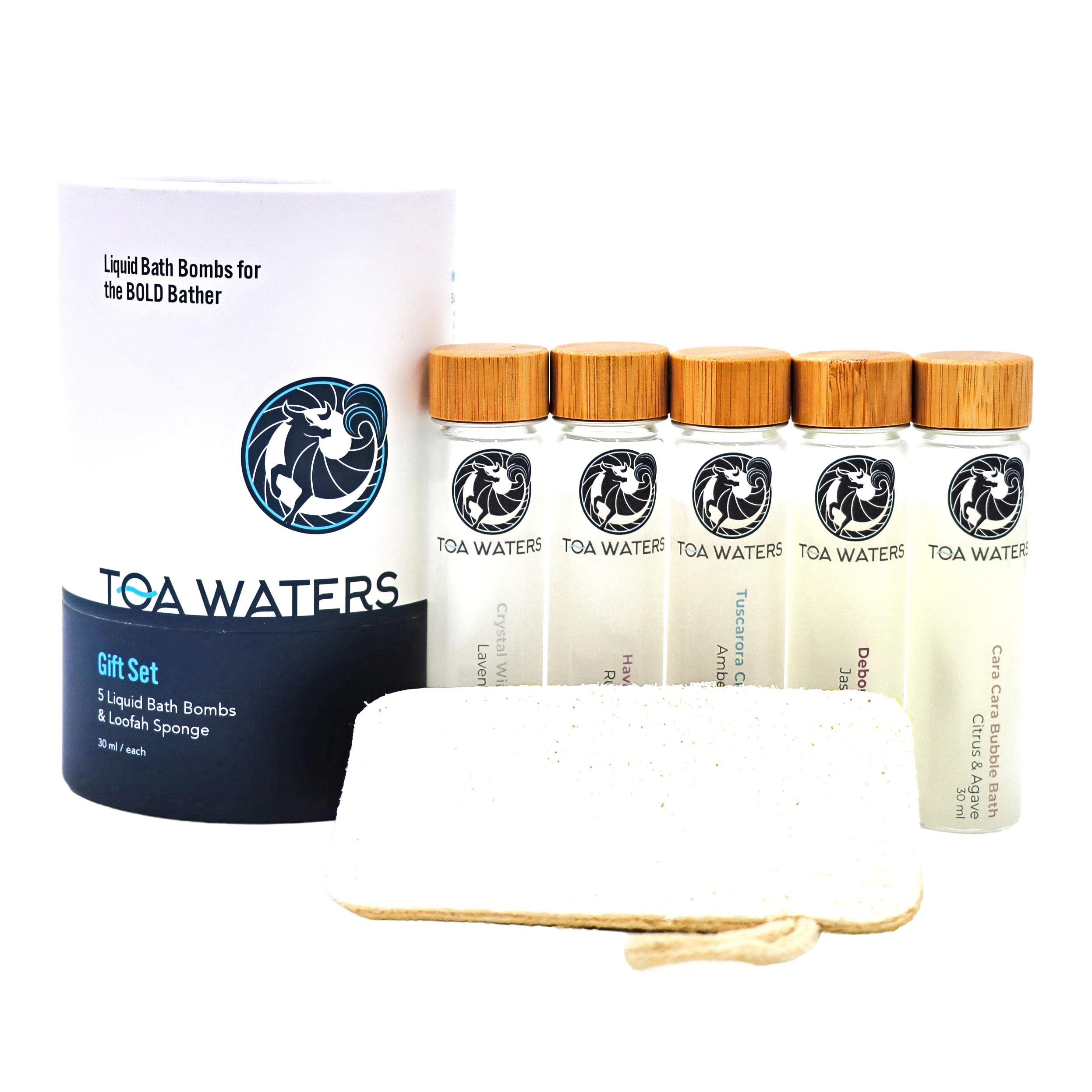 TOA Waters Unisex Gift Set - Liquid Bath Bombs and Loofah Sponge Gift Set
