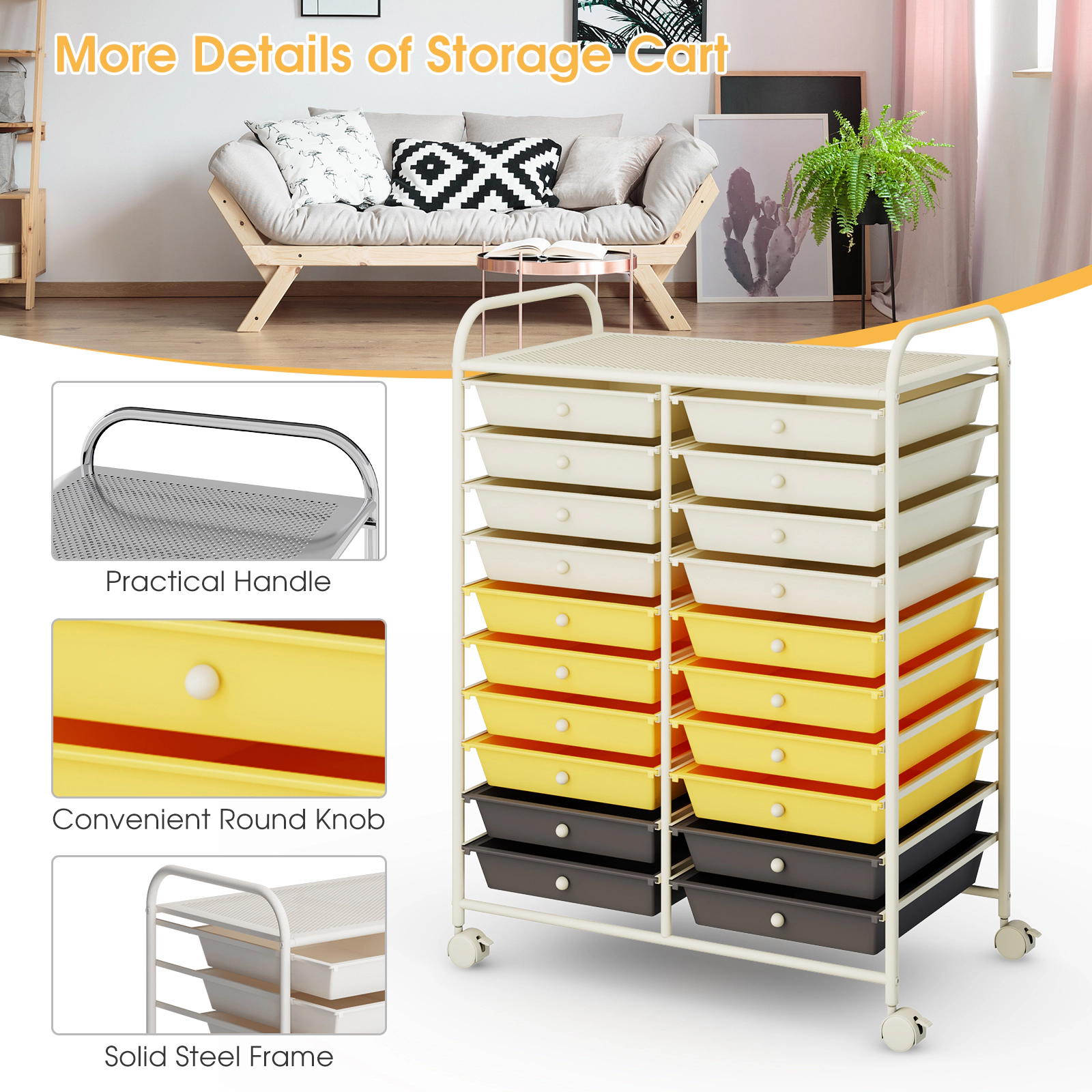 SUGIFT Yellow 20-Drawer Rolling Utility Cart Studio Storage Organizer with 4 Swivel Casters and Steel Frame