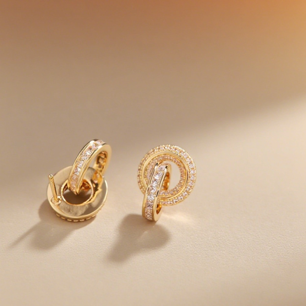 Interlocking Circle Cubic Zirconia Stud Earring Gold Plated Double Linked Ring CZ Earring