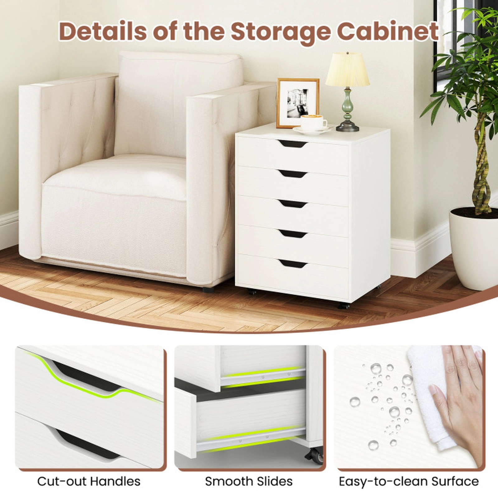 SUGIFT 19-in White 155-lb Capacity 5-Drawer Rolling Storage Cabinet Console with Cut-Out Handles