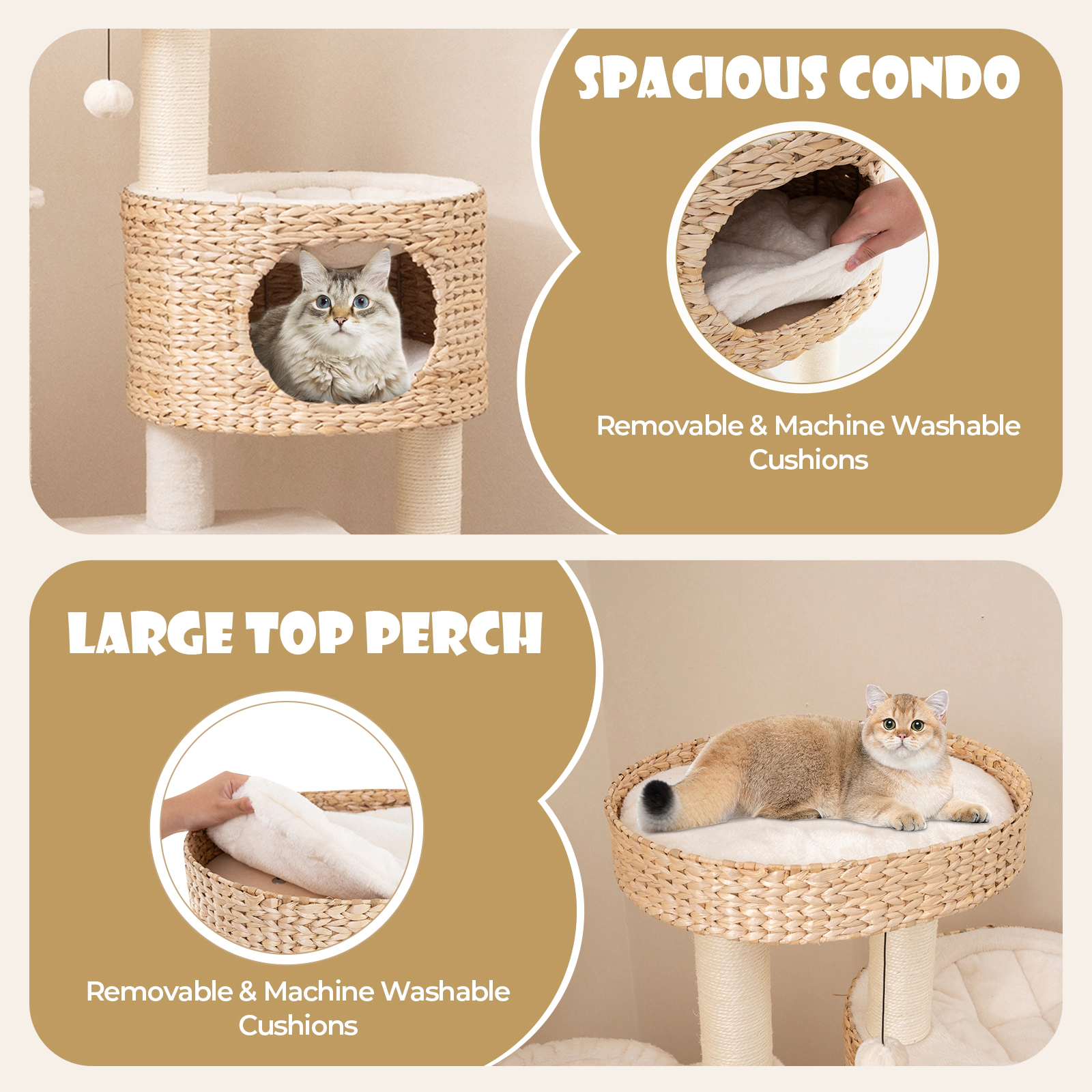 Glintex 50-Inch Cat Tree with Hand-Woven Cattail Condo and Climbing Ladder, White