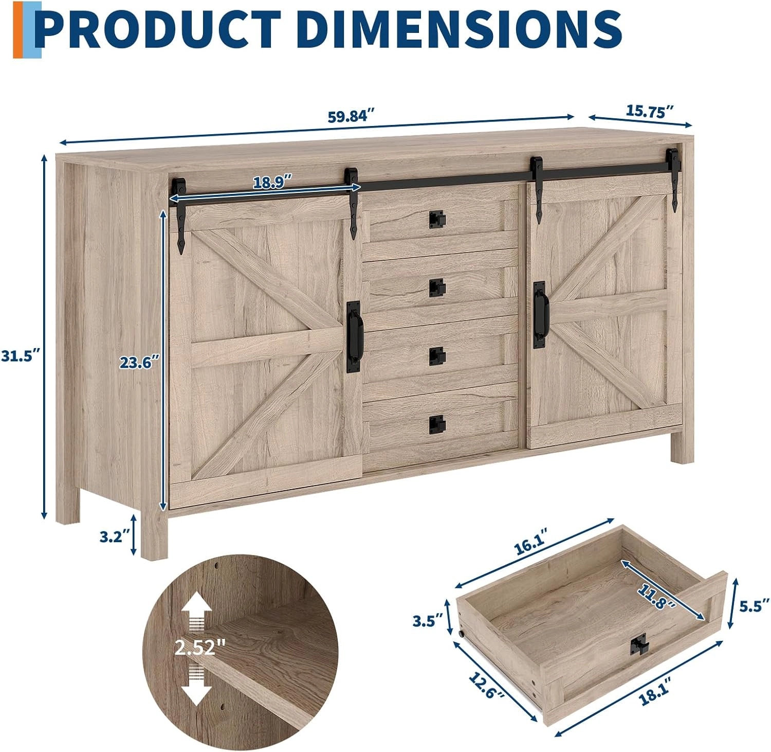 BebreezChic Farmhouse Sideboard Buffet Cabinet, Sliding Barn Doors, 4 Drawers, 60in