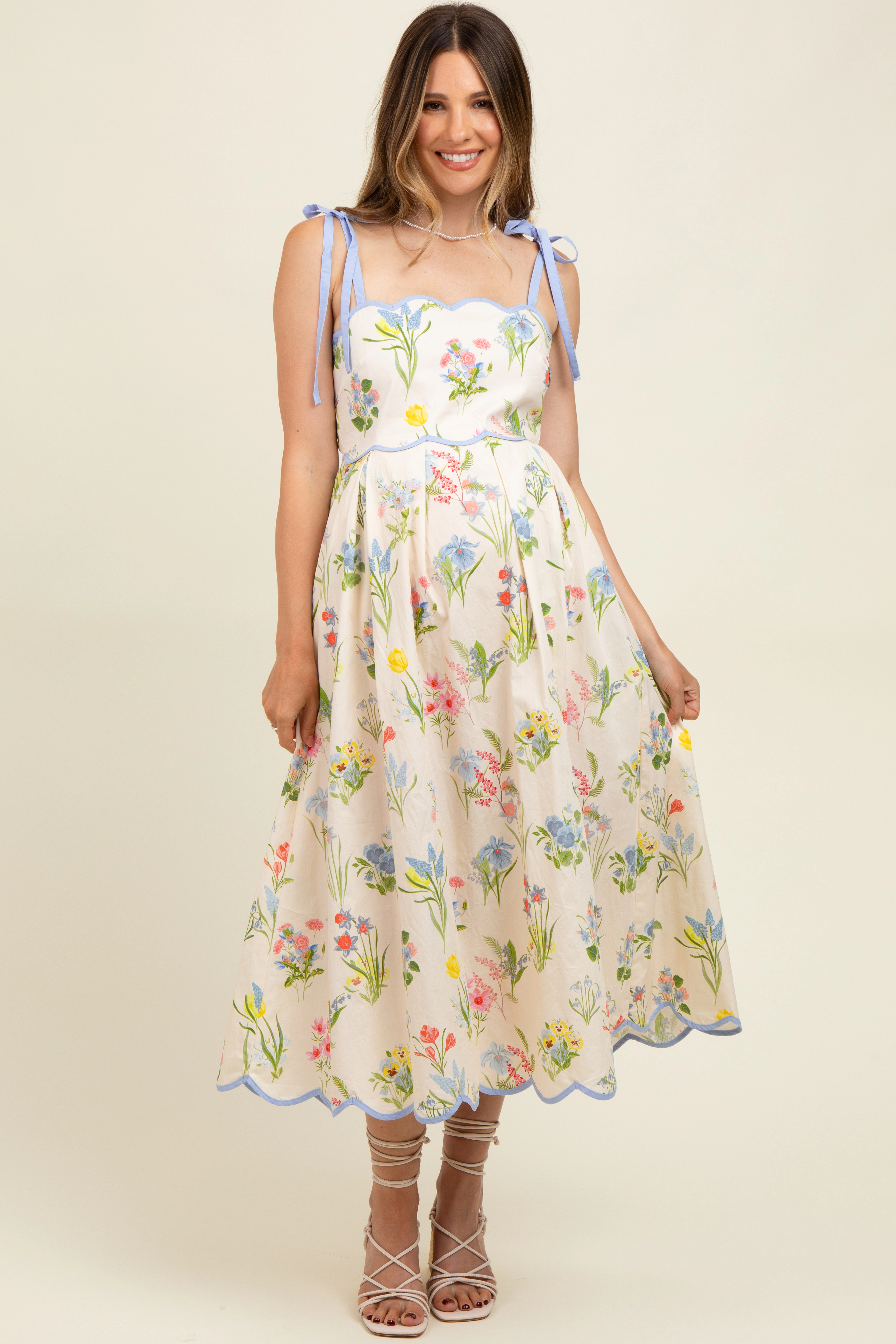 PinkBlush Womens Cream Floral Shoulder Tie Scallop Trim Maternity Midi Dress