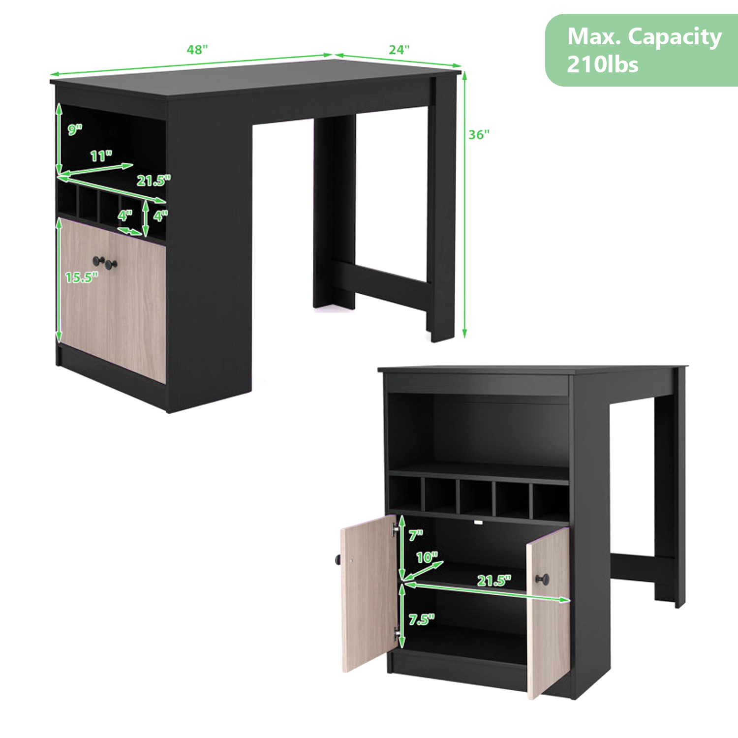 Hivvago Contemporary 48-Inch Bar Unit with Wine Holder and Hidden Storage Cabinet