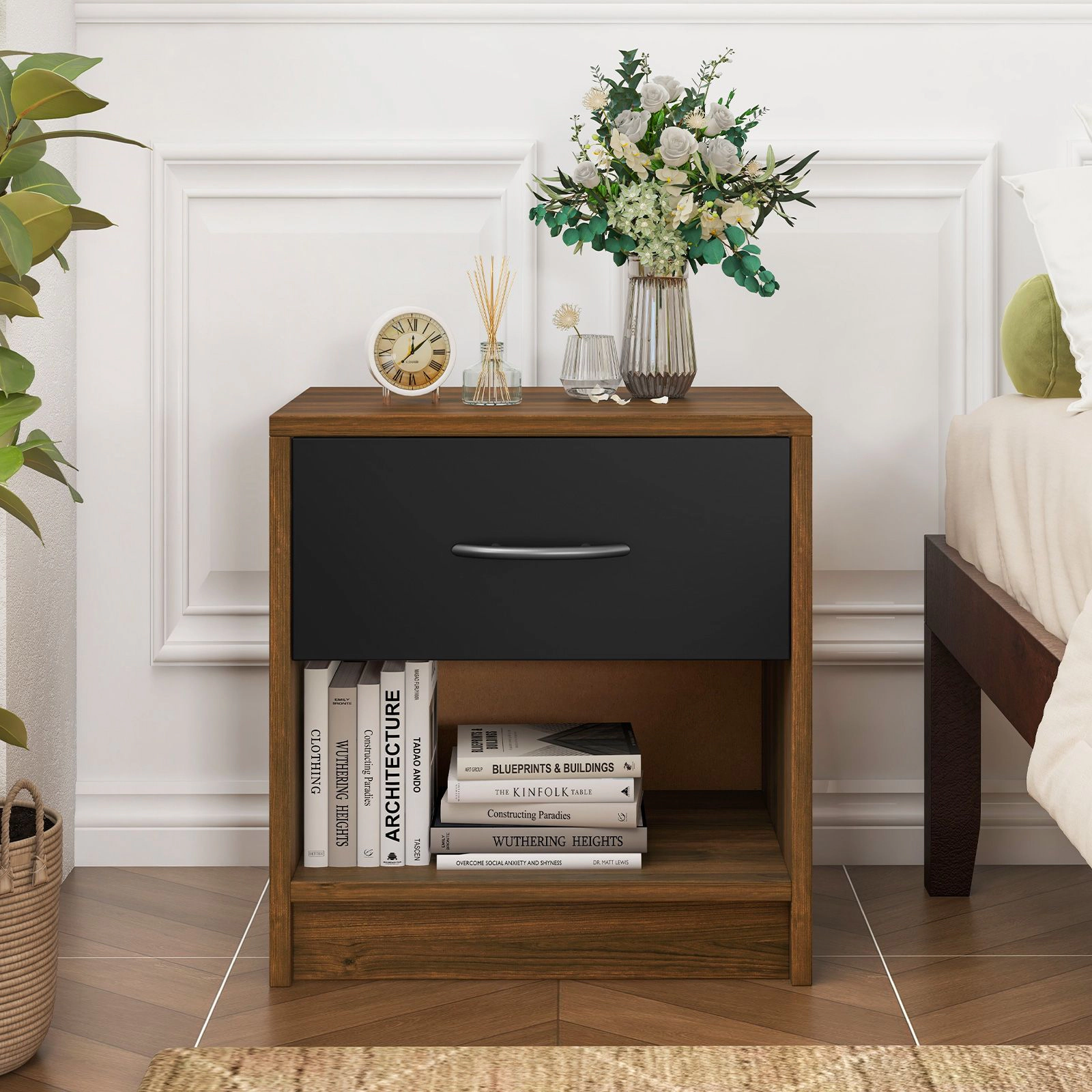 SlickBlue Modern Nightstand with Drawer and Open Storage Shelf