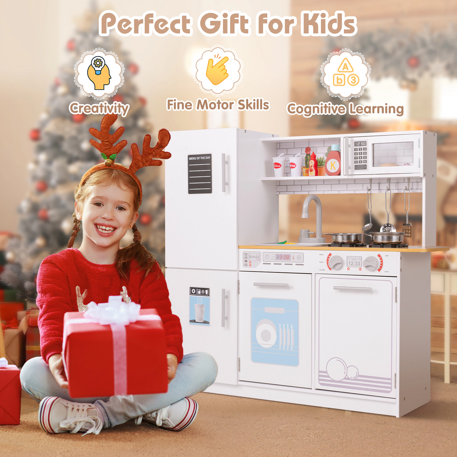 SUGIFT White Removable Sink Blackboard and Cookware Toddler Pretend Play Kitchen
