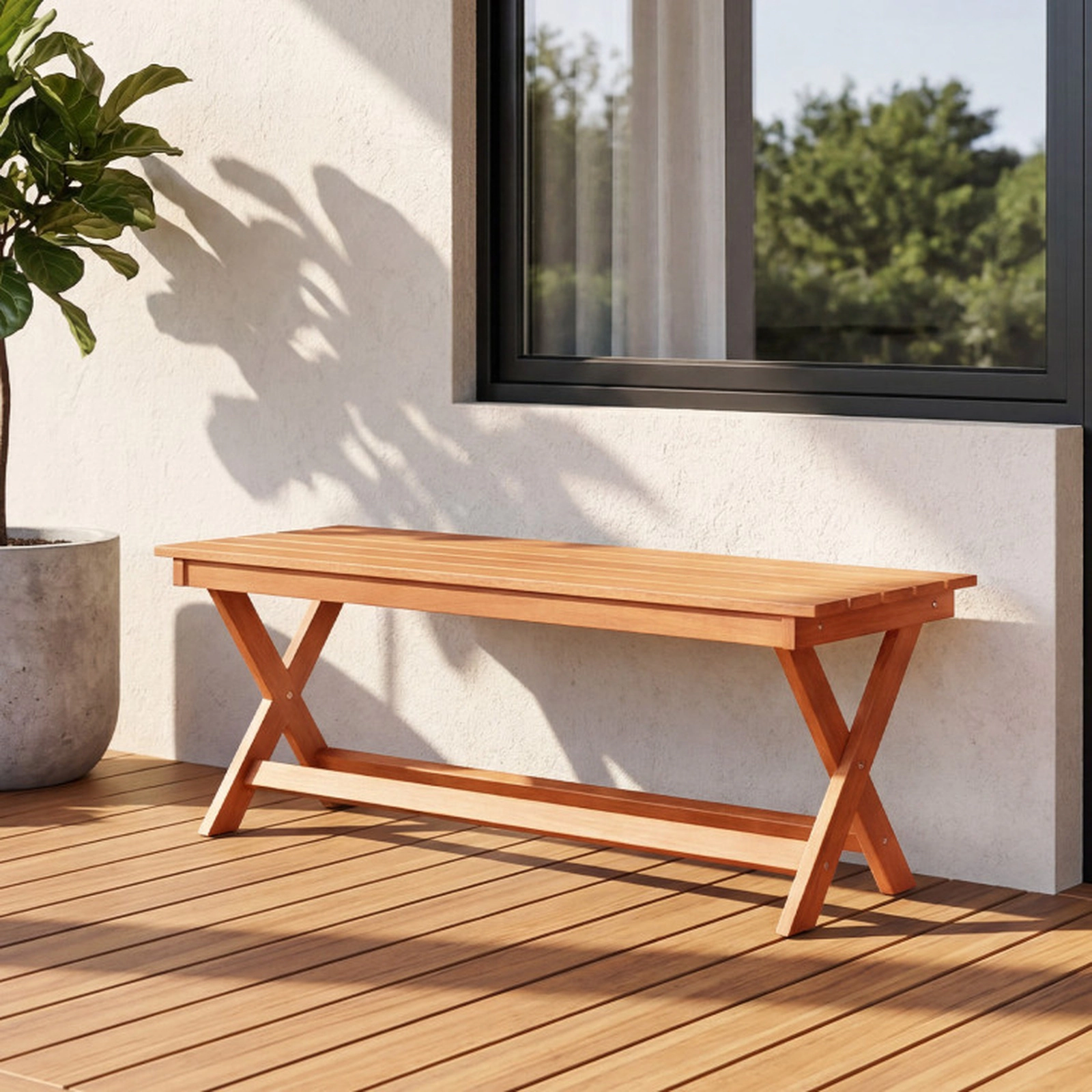 SUGIFT 2-Seat Wooden Garden Patio Bench with X-Shaped Legs 530-lb Capacity Backless Slatted Seat Natural