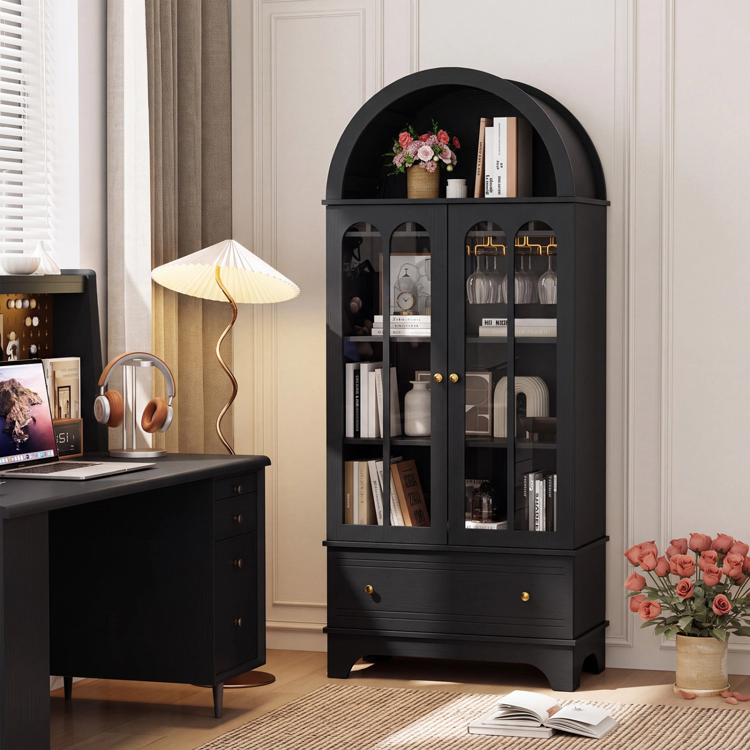 LJG 71.5 Inch Arched Cabinet 5-Tier with Tempered Glass Doors and Wine Rack
