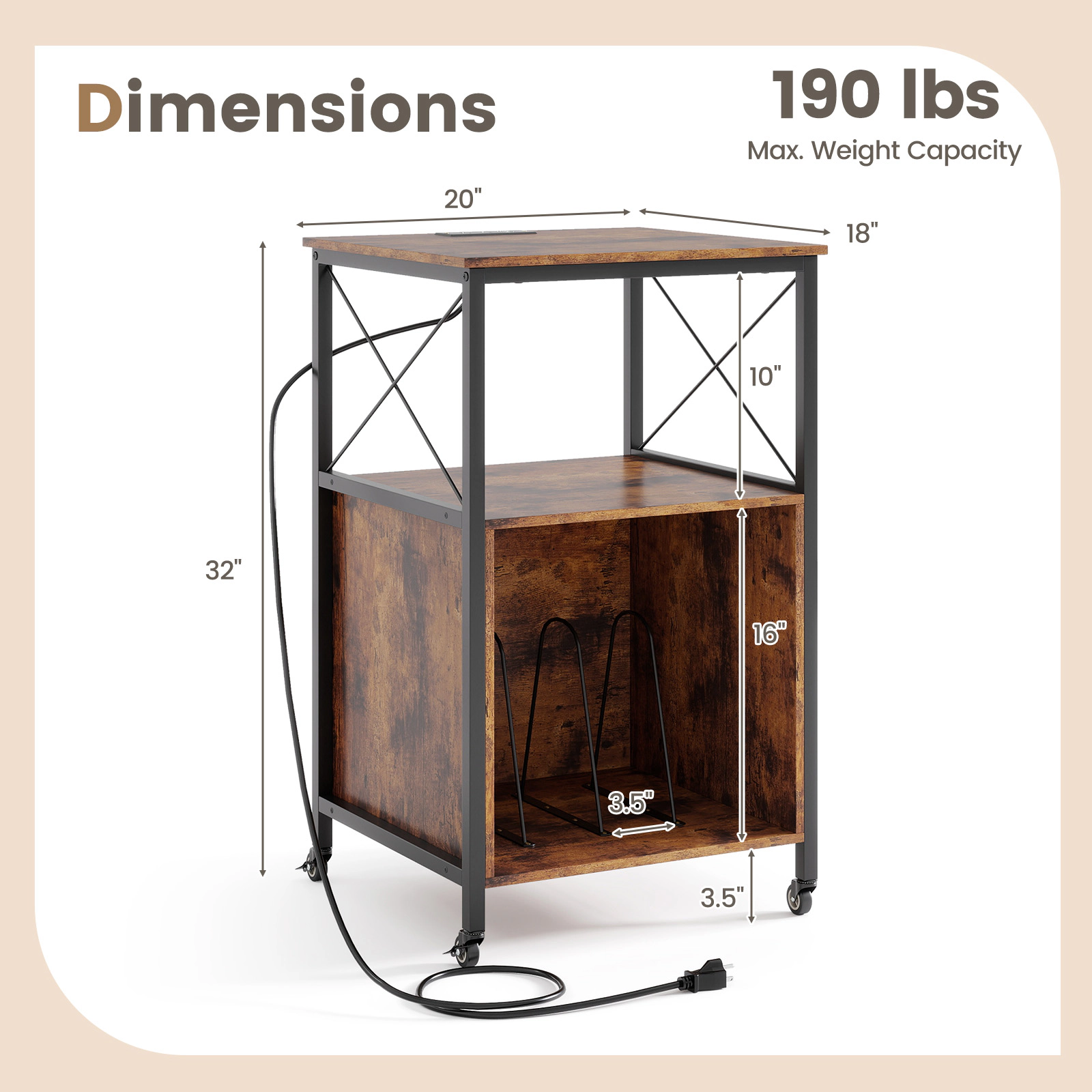 SUGIFT Mobile Record Player Stand with Power Outlet Accent Table 190-lb Capacity Rustic Brown & Black 32-in Tall