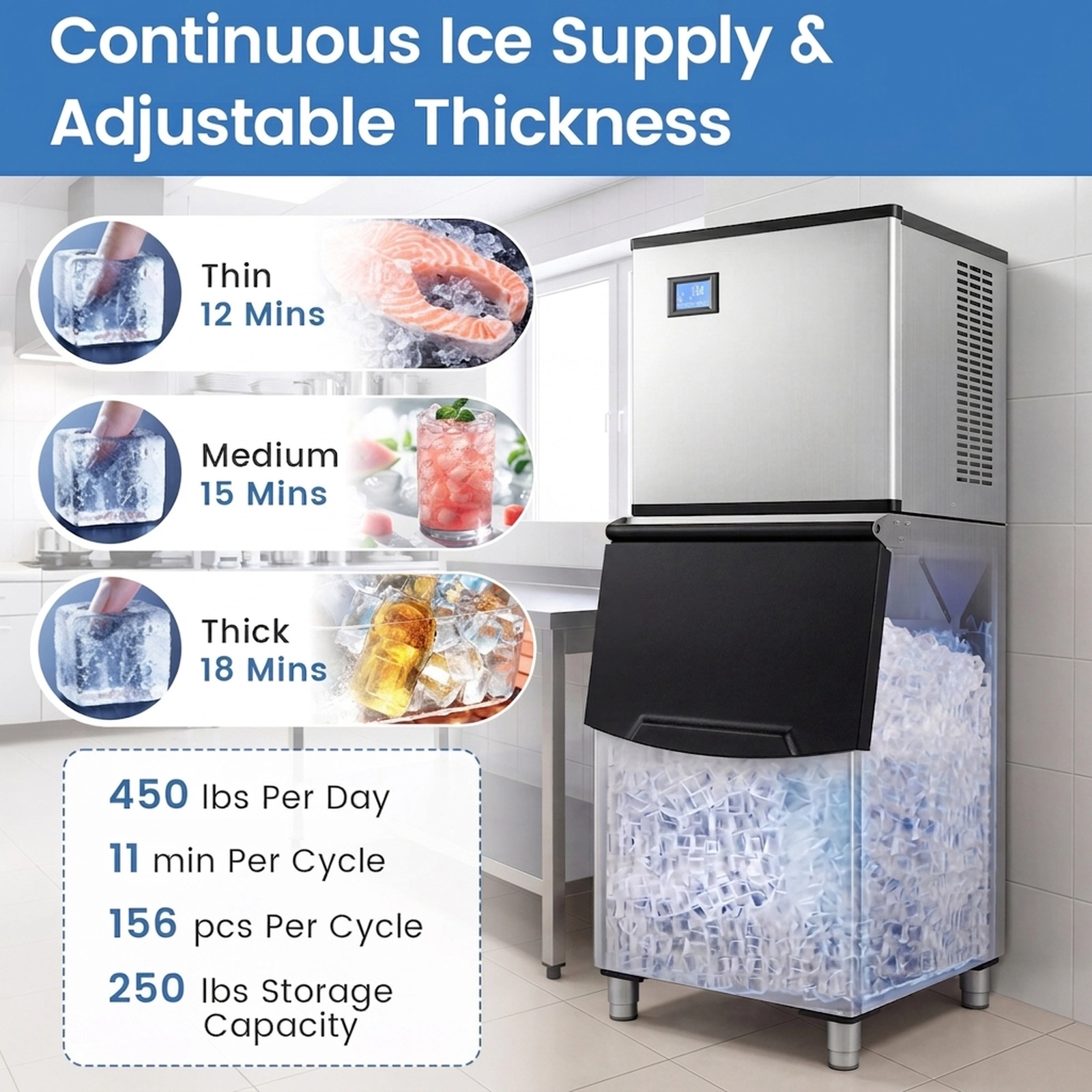 SUGIFT Freestanding Commercial Ice Maker with 450-lb Daily Output 250-lb Storage Bin and LCD Panel