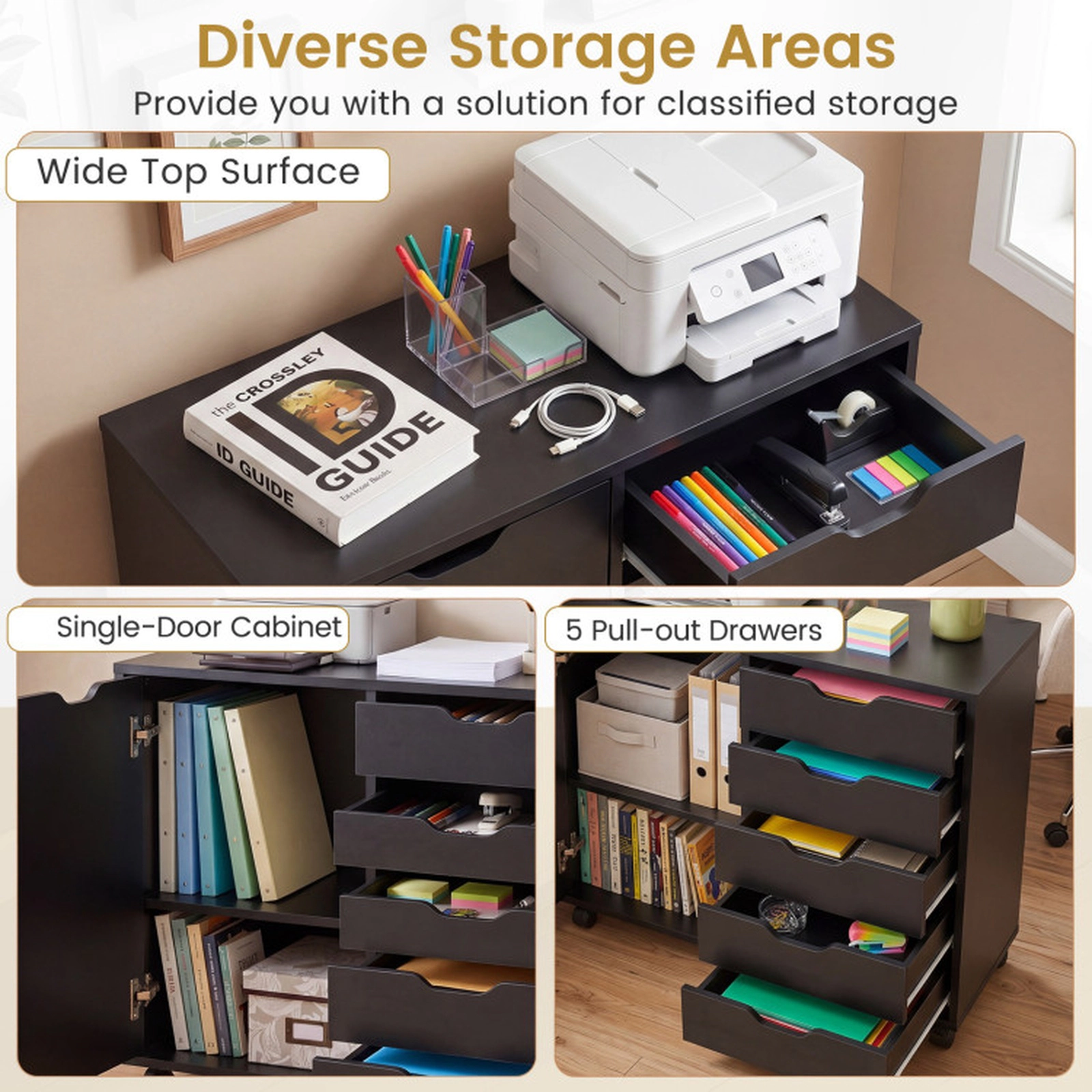 SUGIFT 5-Drawer Engineered Wood Storage Cabinet on Wheels with Adjustable Shelf 31 x 16 x 26 in Black