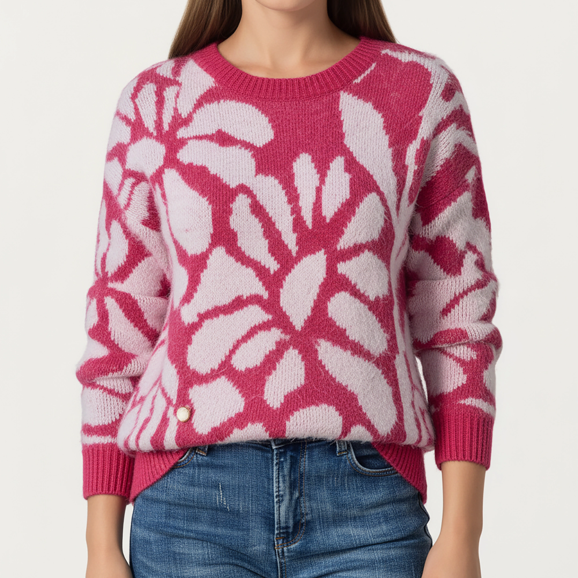 Anna-Kaci Women's Bold Abstract Floral Pattern Knit Sweater with Soft Textured Feel Ribbed Crew Neckline