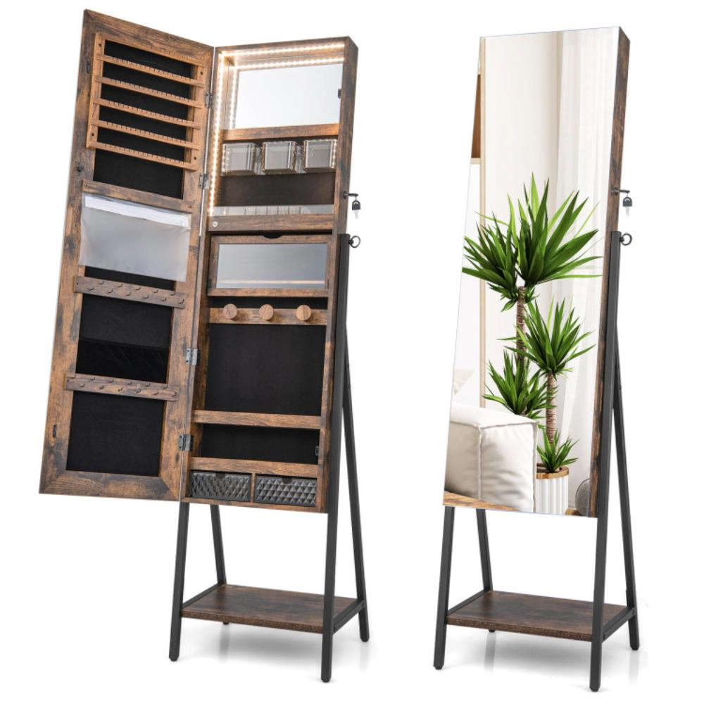 Hivvago Freestanding Jewelry Cabinet with Full-Length Mirror-Rustic Brown