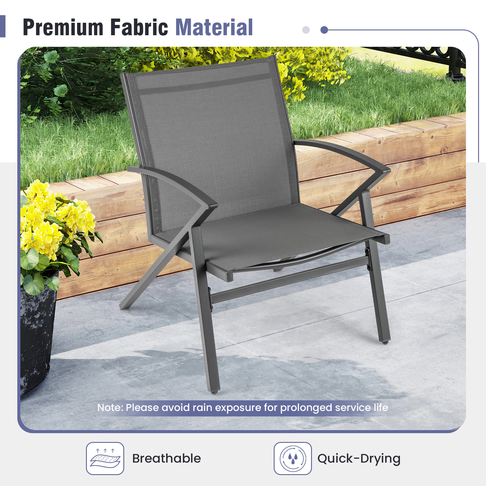 SUGIFT Breathable Quick-Drying Fabric Patio Lawn Chairs Set of 2 with Heavy Duty Metal Frame 350-lb Capacity Gray