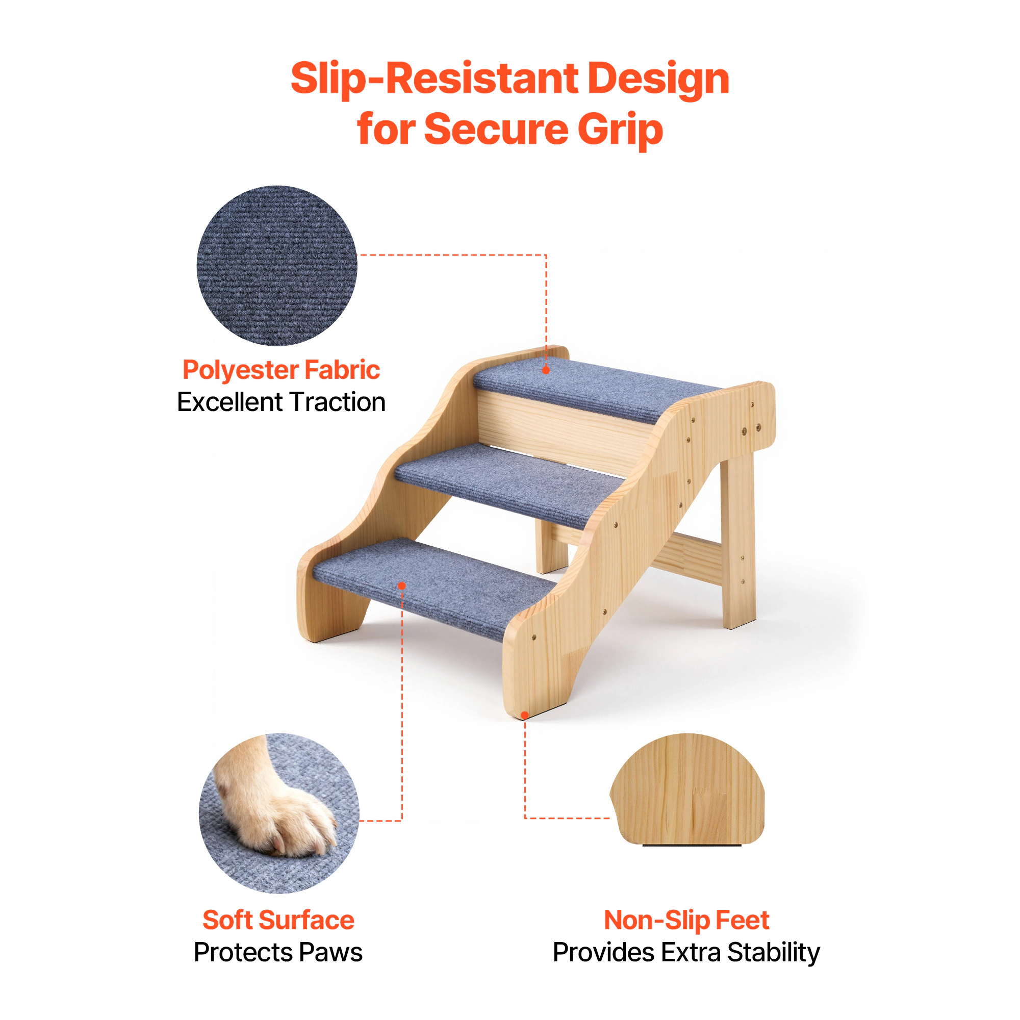 HONGGE 3-Step Non-Folding Wood Dog Stairs for High Beds & Sofas, Fixed Frame, Supports Pets up to 150 lbs