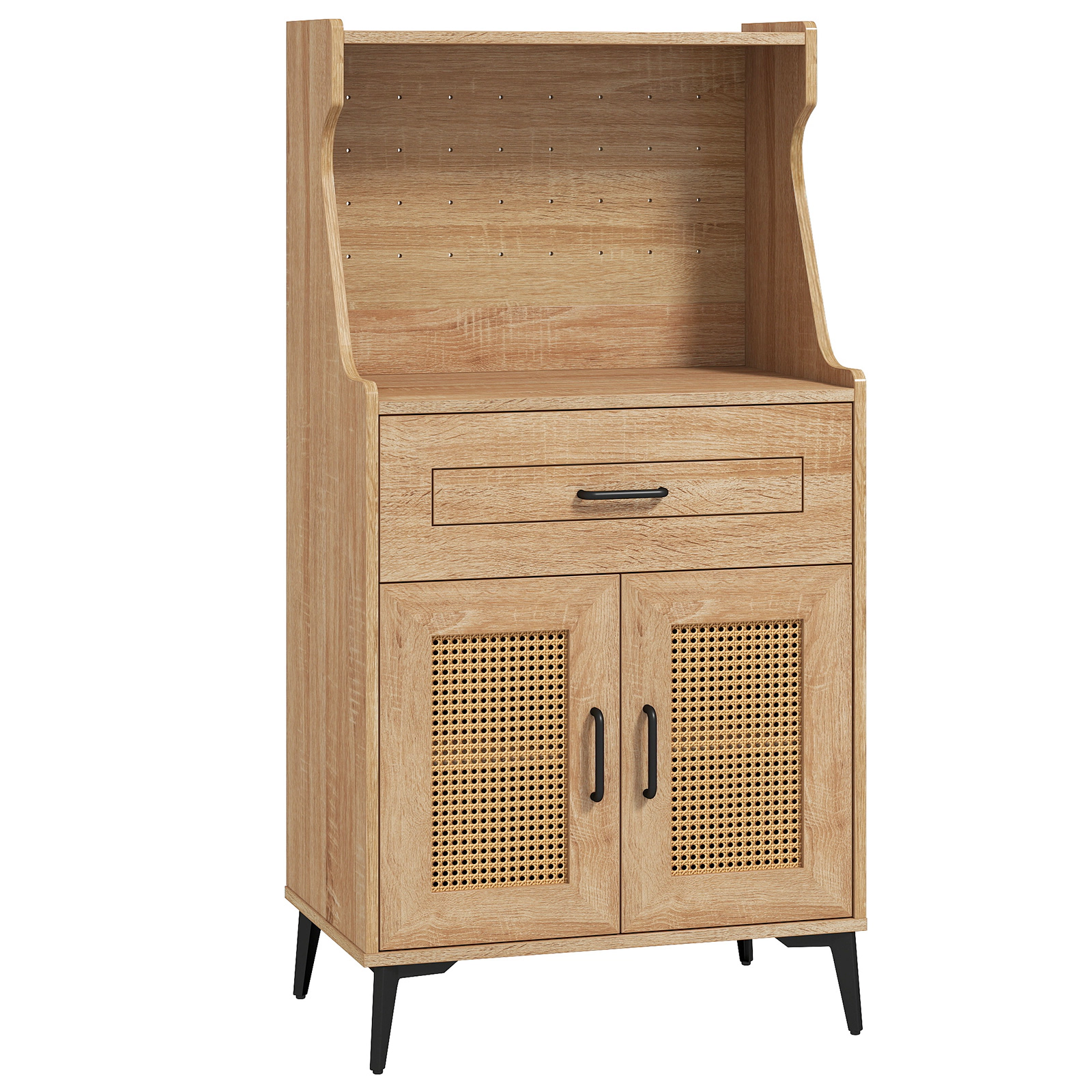 Glintex 45.5-Inch Coffee Bar Cabinet with Pegboard and Rattan Doors, Oak