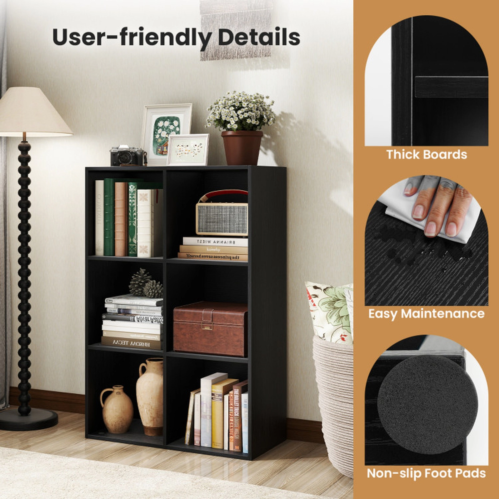 SUGIFT 6-Cube Black 36-in Cube Storage Organizer Bookshelf for Vertical or Horizontal Use with 132-lb Top