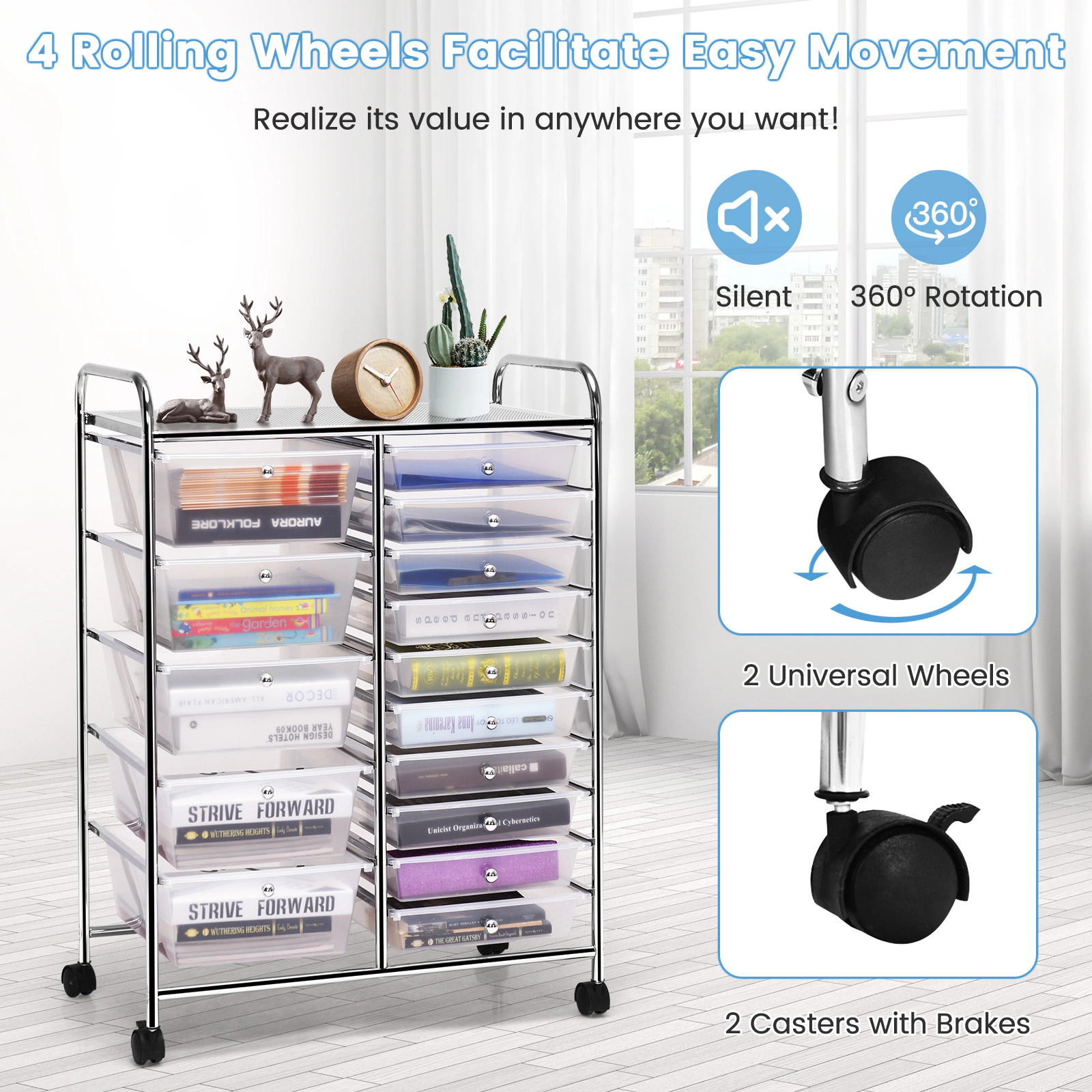 SUGIFT Clear 34-in 15-Drawer Rolling Cart Small Parts Organizer for Garage Hardware with Locking Casters