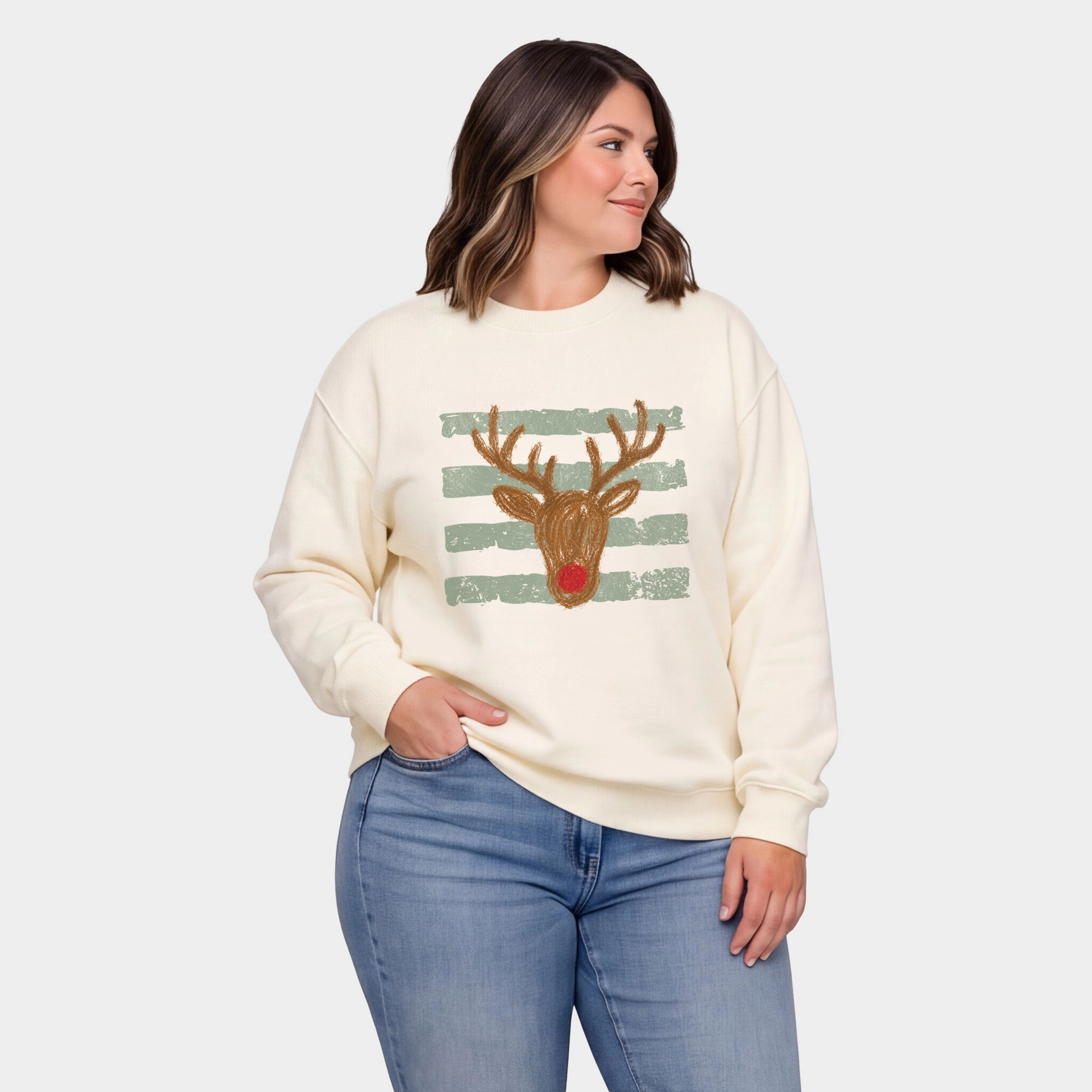 Simply Sage Market - Women's Plus Sized Graphic Sweatshirt Red Nose Deer Stripes