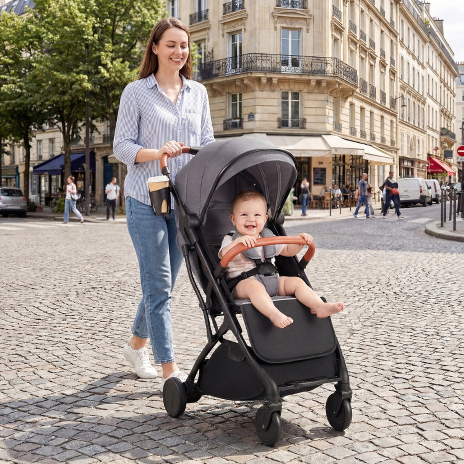 SUGIFT Gray 33-lb Capacity Lightweight Aluminum Compact Travel Stroller with One-Hand Fold and Footmuff