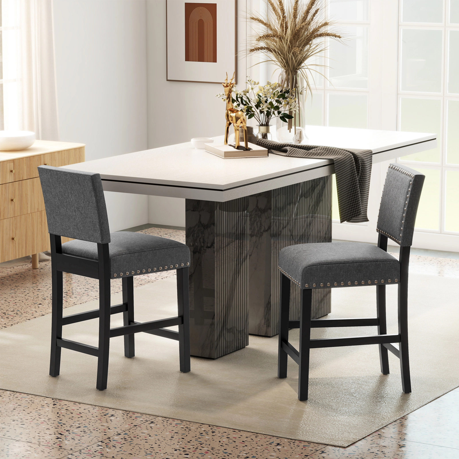 LJG 38.5/43.5 Inch Set of 2 Counter Height Chairs with Solid Rubber Wood Frame-S